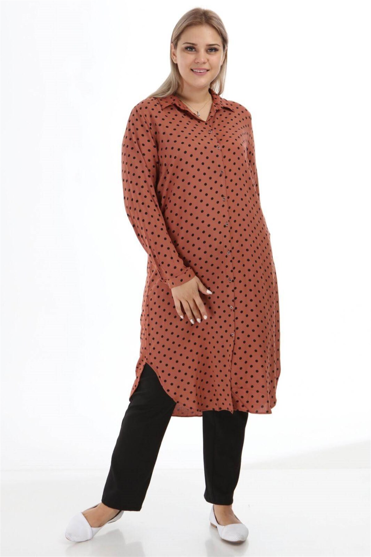 Kiremit Puantiyeli Dokuma Boydan Düğmeli Büyük Beden Gömlek 