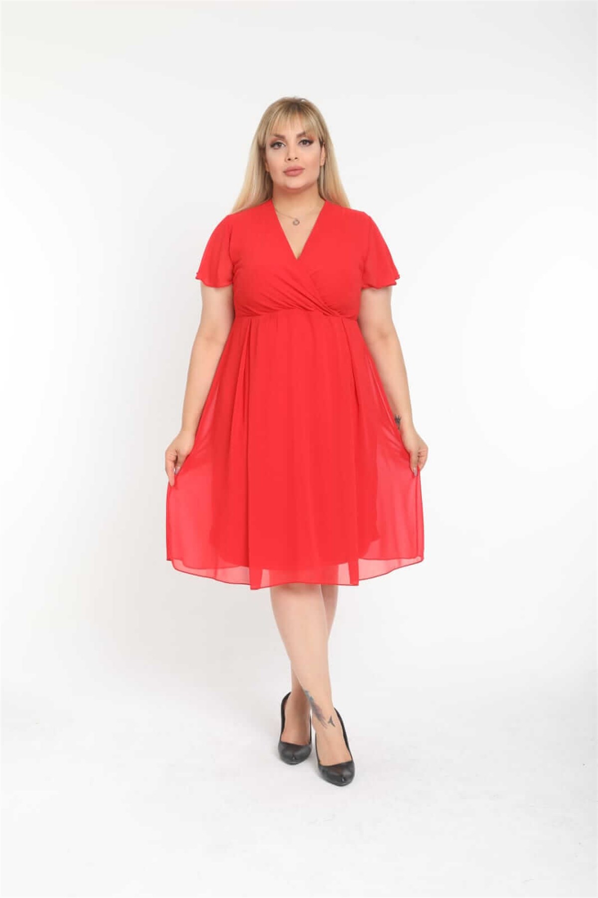 Kırmızı Kruvaze Yaka Büyükbeden Astarlı Şifon Elbise 