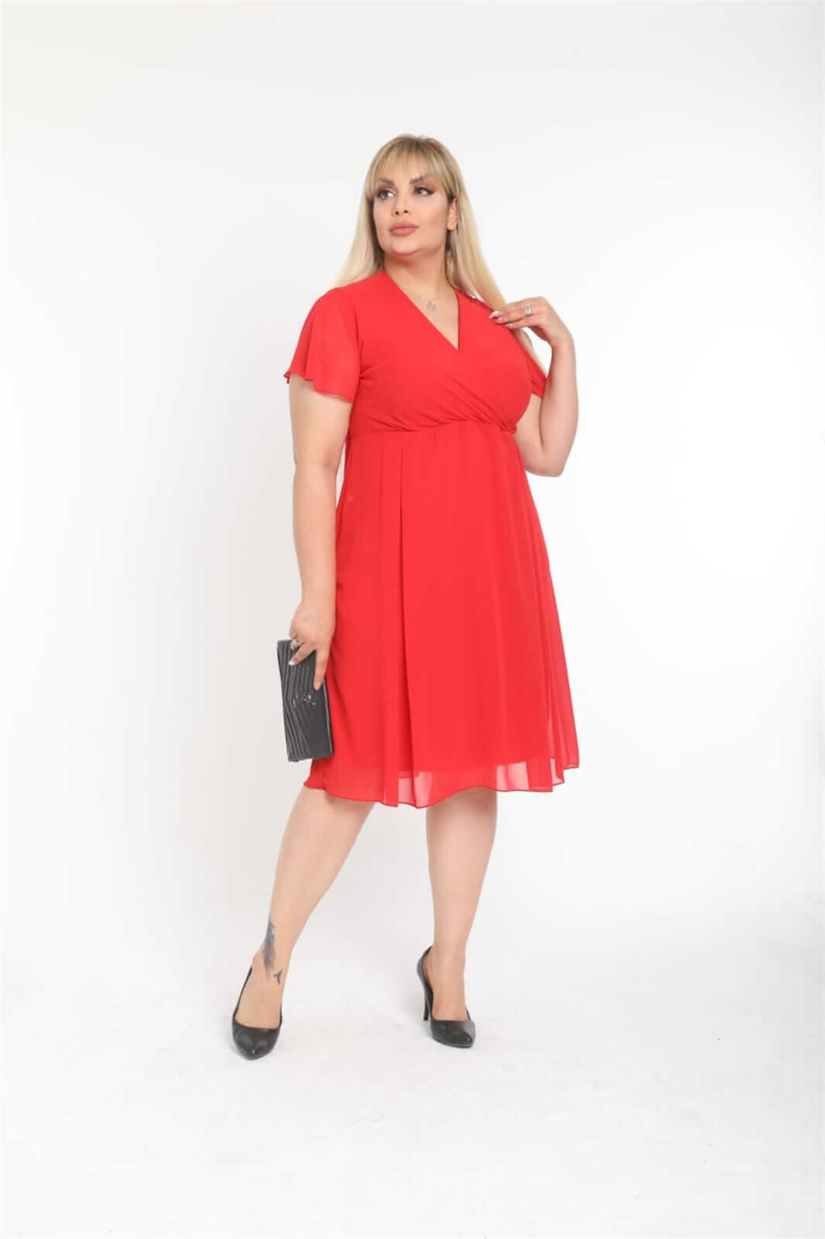 Kırmızı Kruvaze Yaka Büyükbeden Astarlı Şifon Elbise 