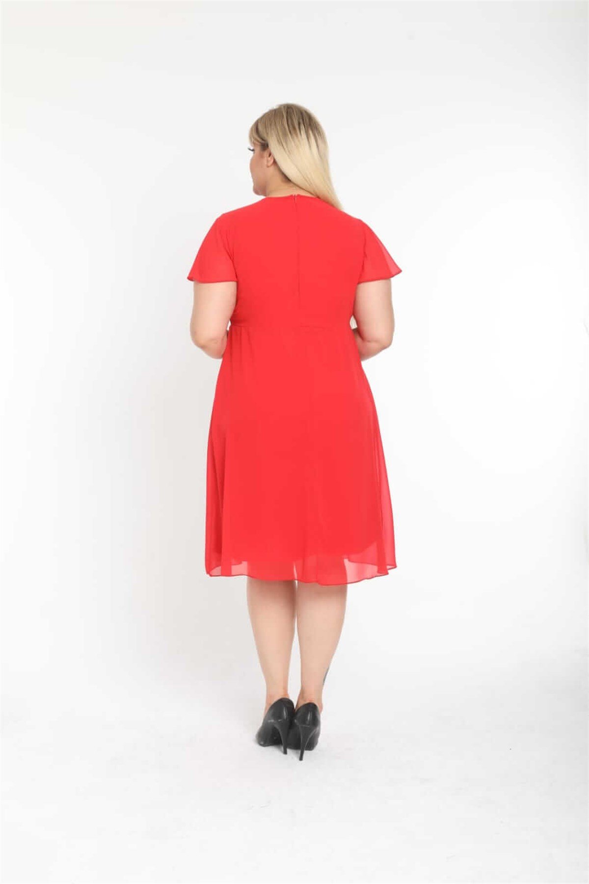 Kırmızı Kruvaze Yaka Büyükbeden Astarlı Şifon Elbise 