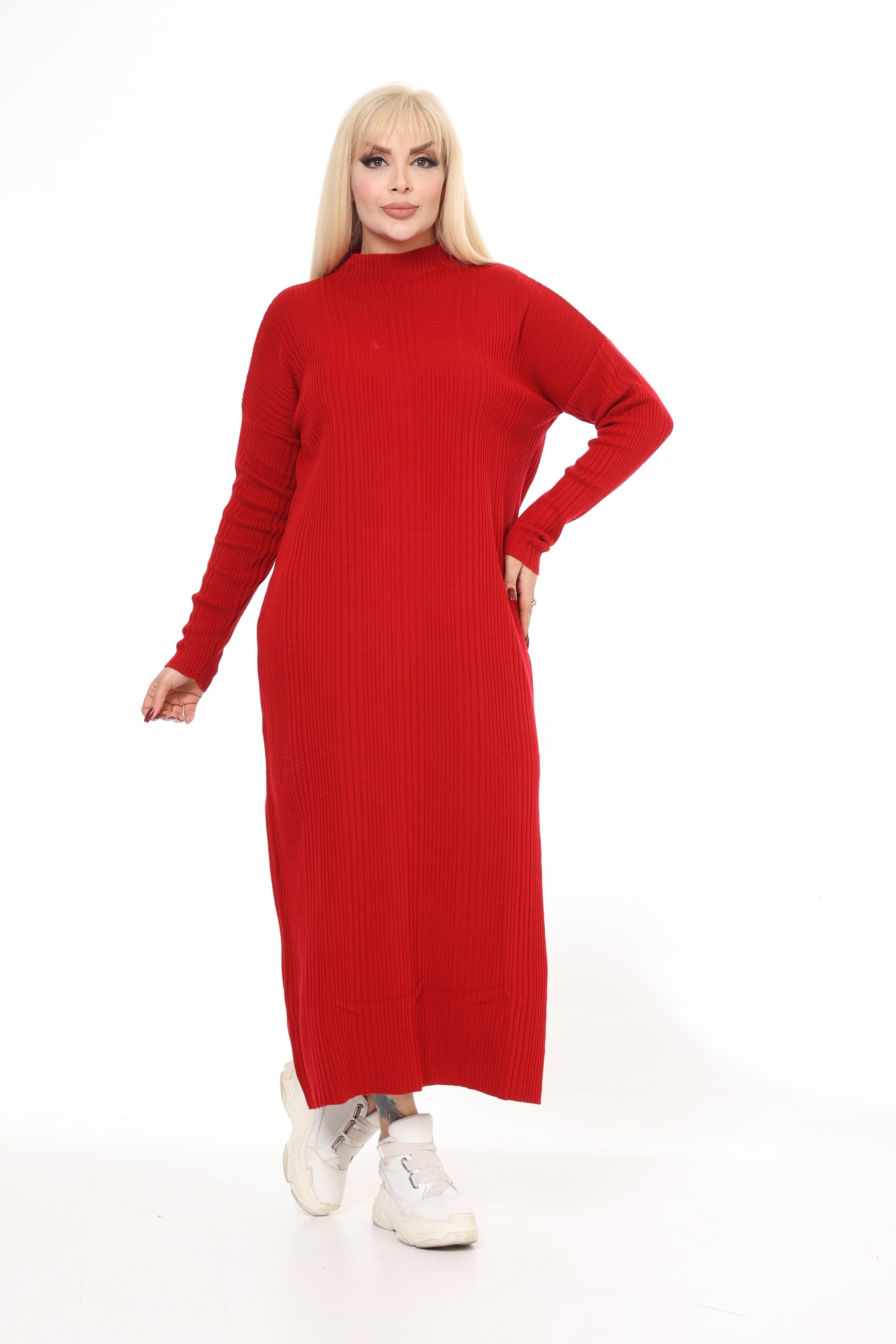 Kırmızı Yarım Balıkçı Yaka Triko Örme Elbise