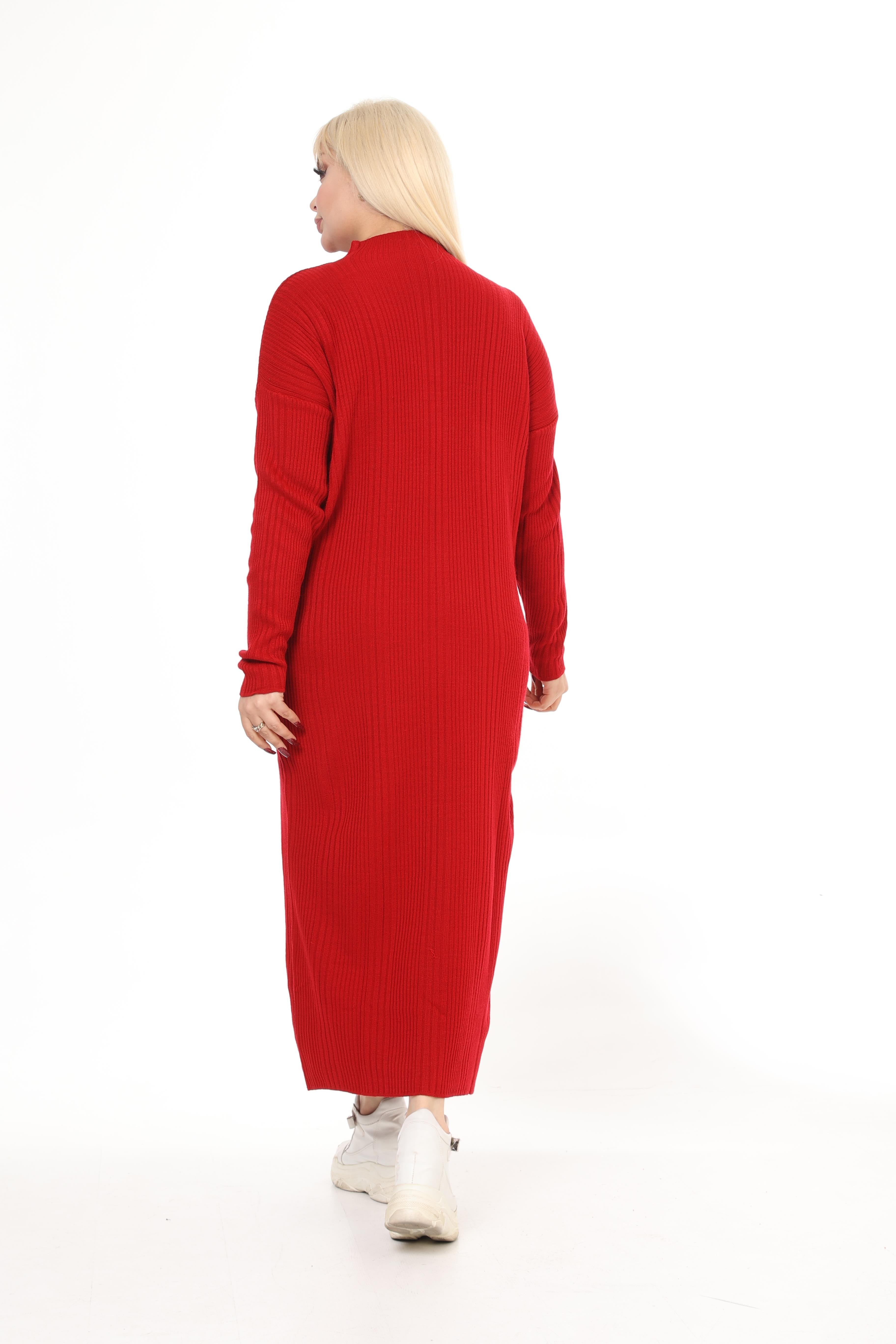 Kırmızı Yarım Balıkçı Yaka Triko Örme Elbise