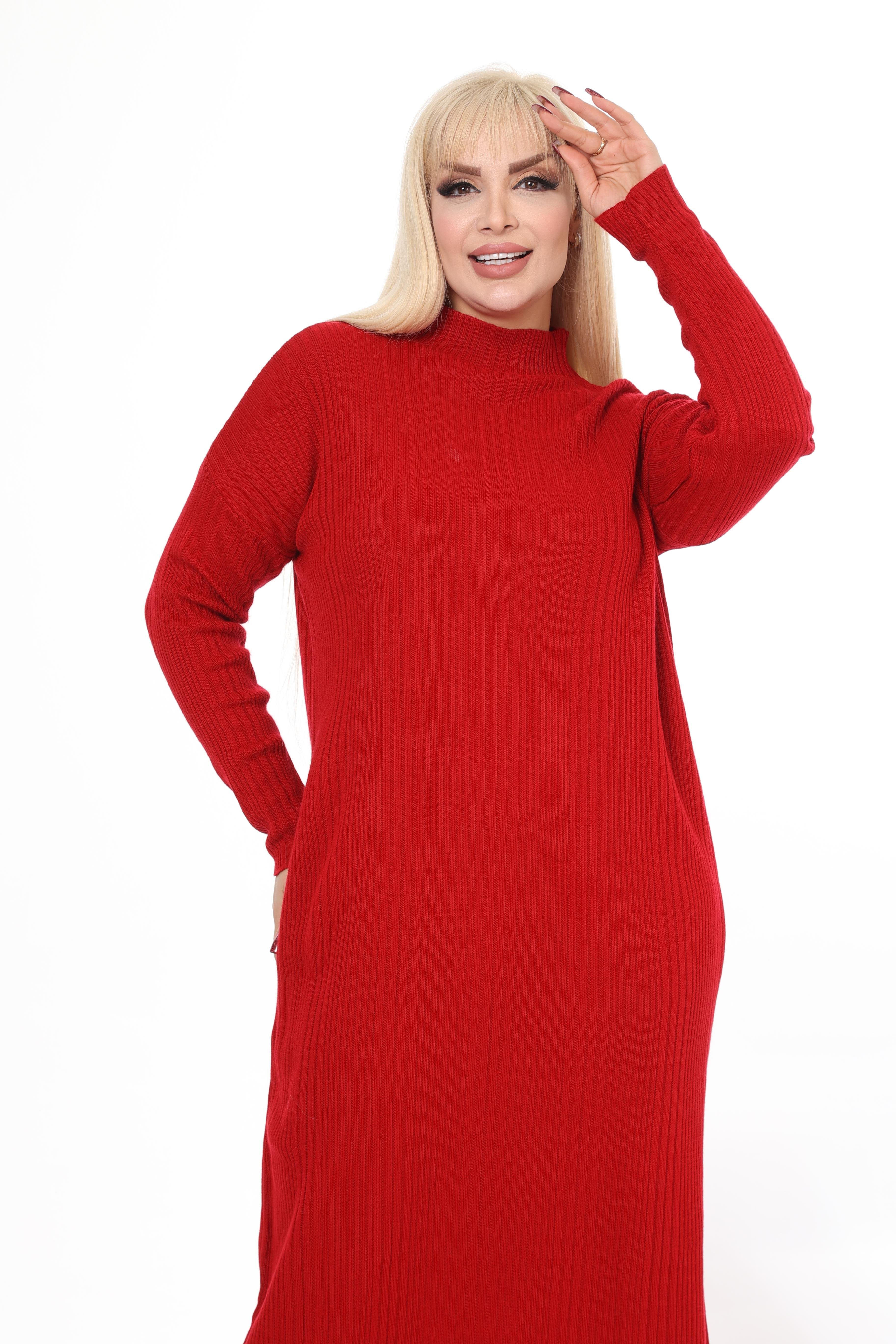 Kırmızı Yarım Balıkçı Yaka Triko Örme Elbise