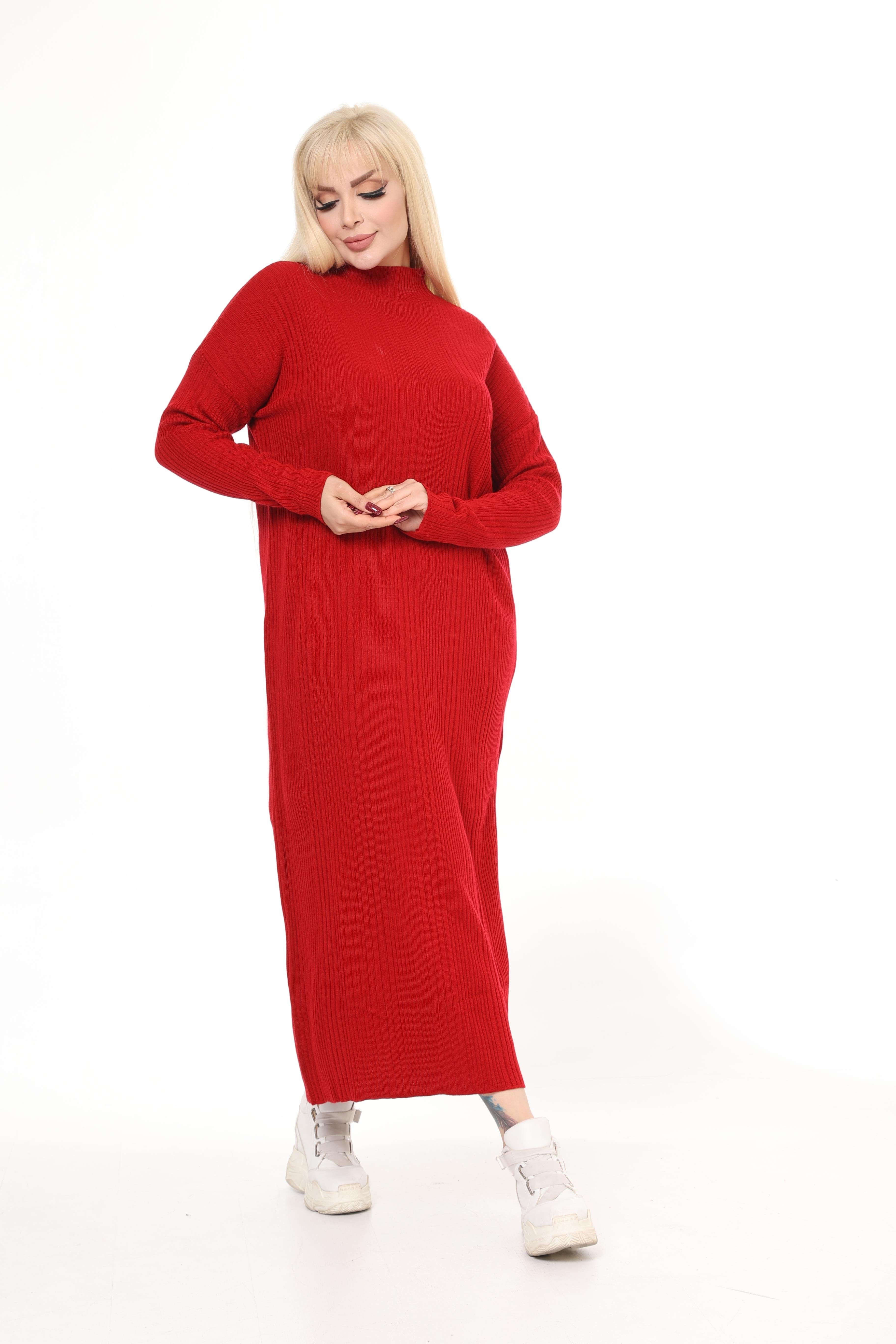 Kırmızı Yarım Balıkçı Yaka Triko Örme Elbise