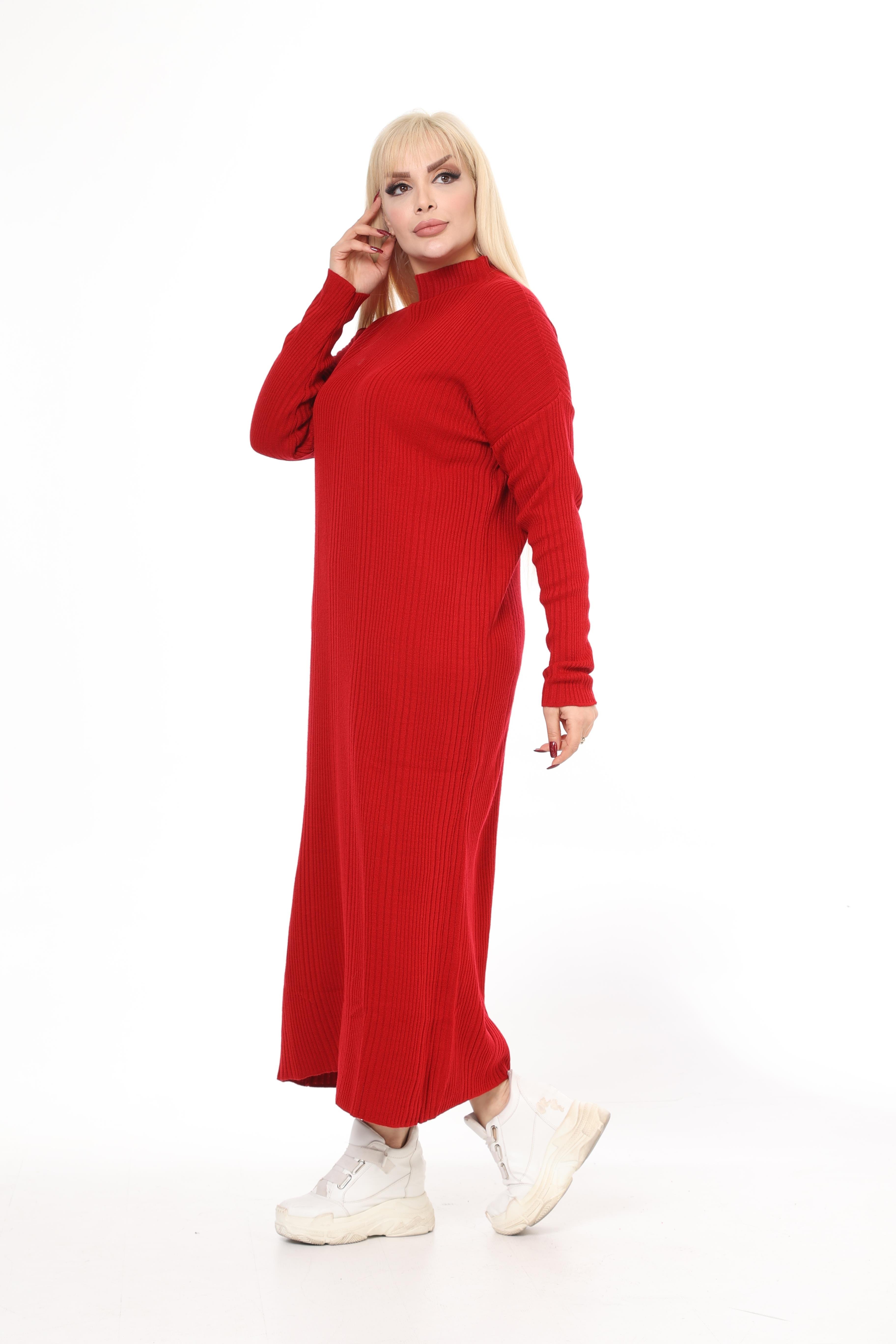 Kırmızı Yarım Balıkçı Yaka Triko Örme Elbise