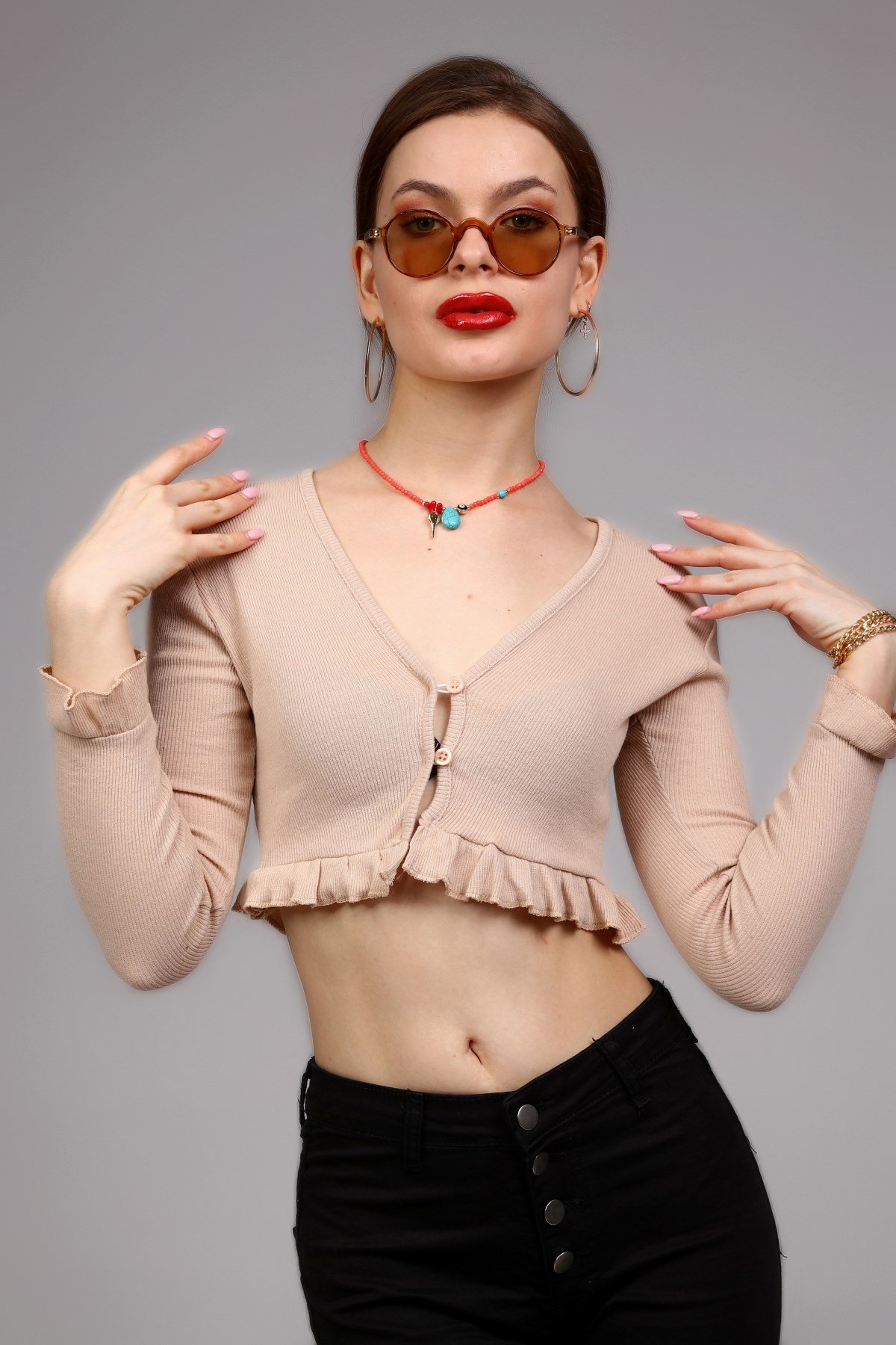 Krem Crop Düğmeli Fitilli Örgü Hırka 