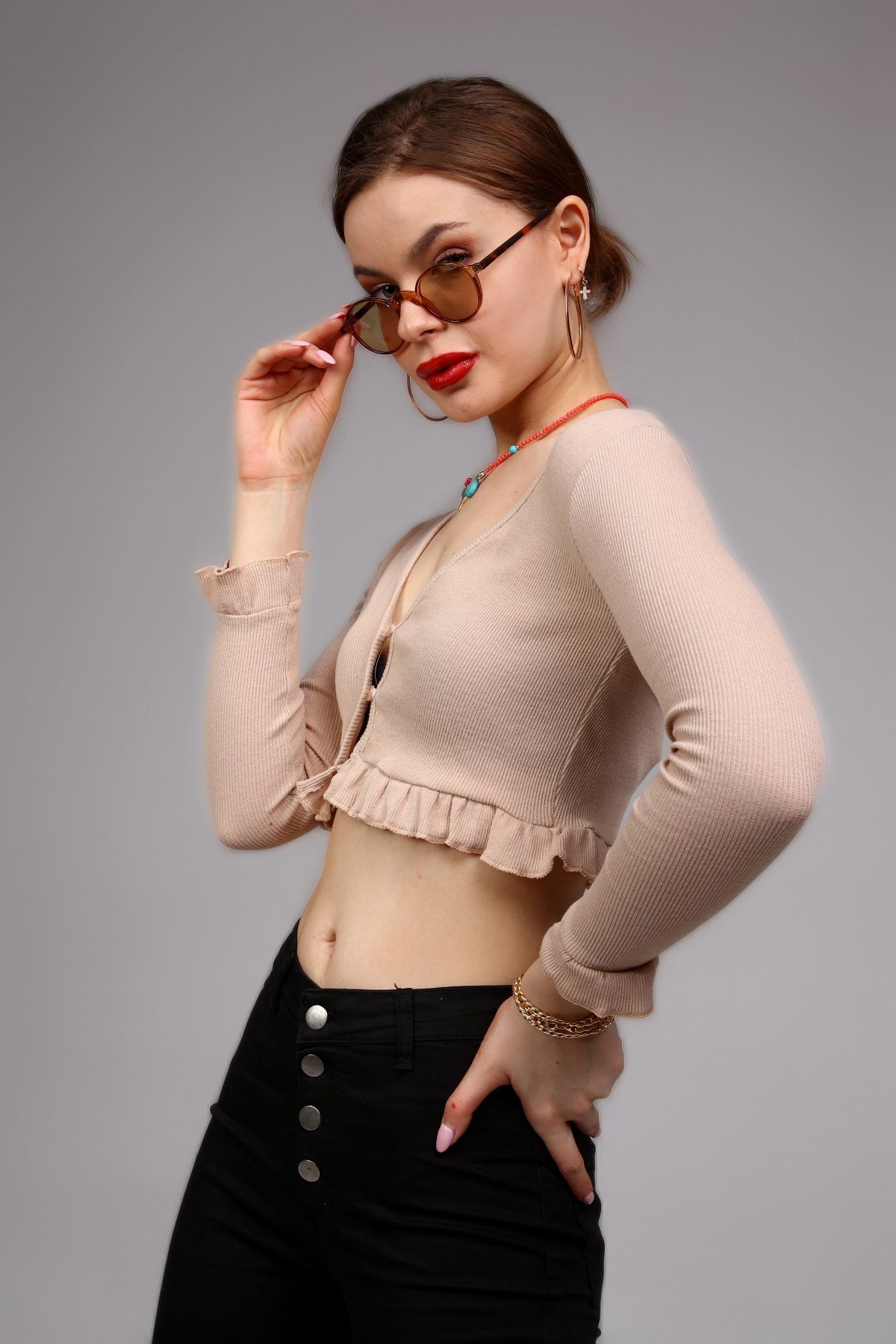 Krem Crop Düğmeli Fitilli Örgü Hırka 