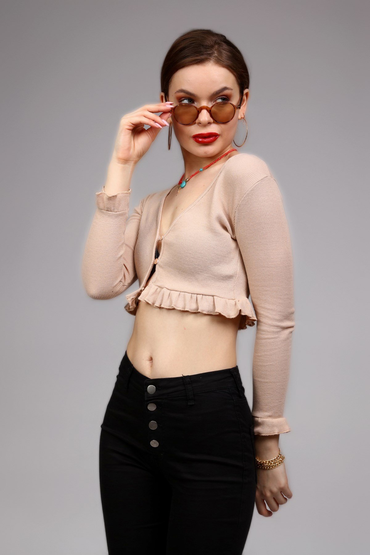 Krem Crop Düğmeli Fitilli Örgü Hırka 