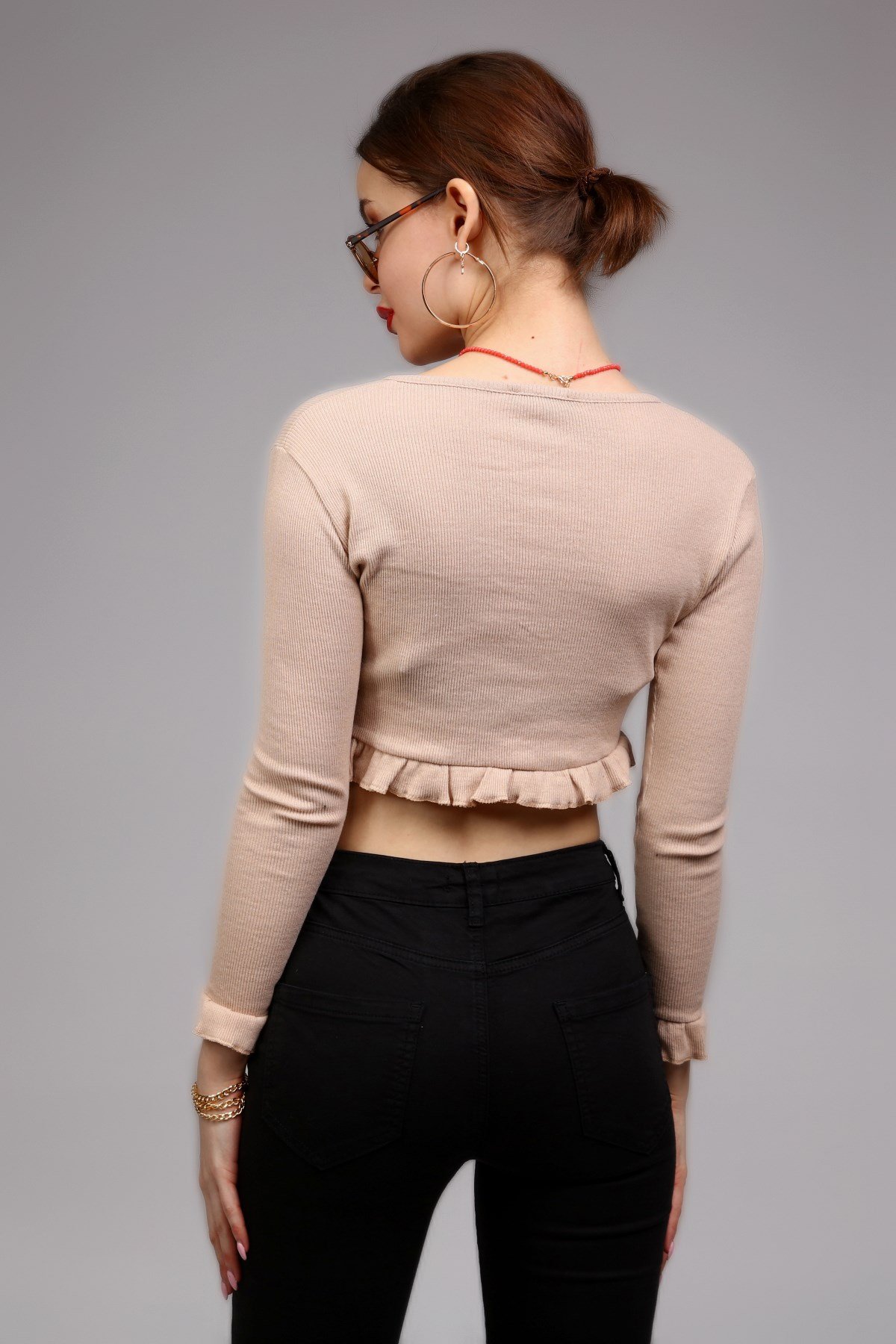 Krem Crop Düğmeli Fitilli Örgü Hırka 
