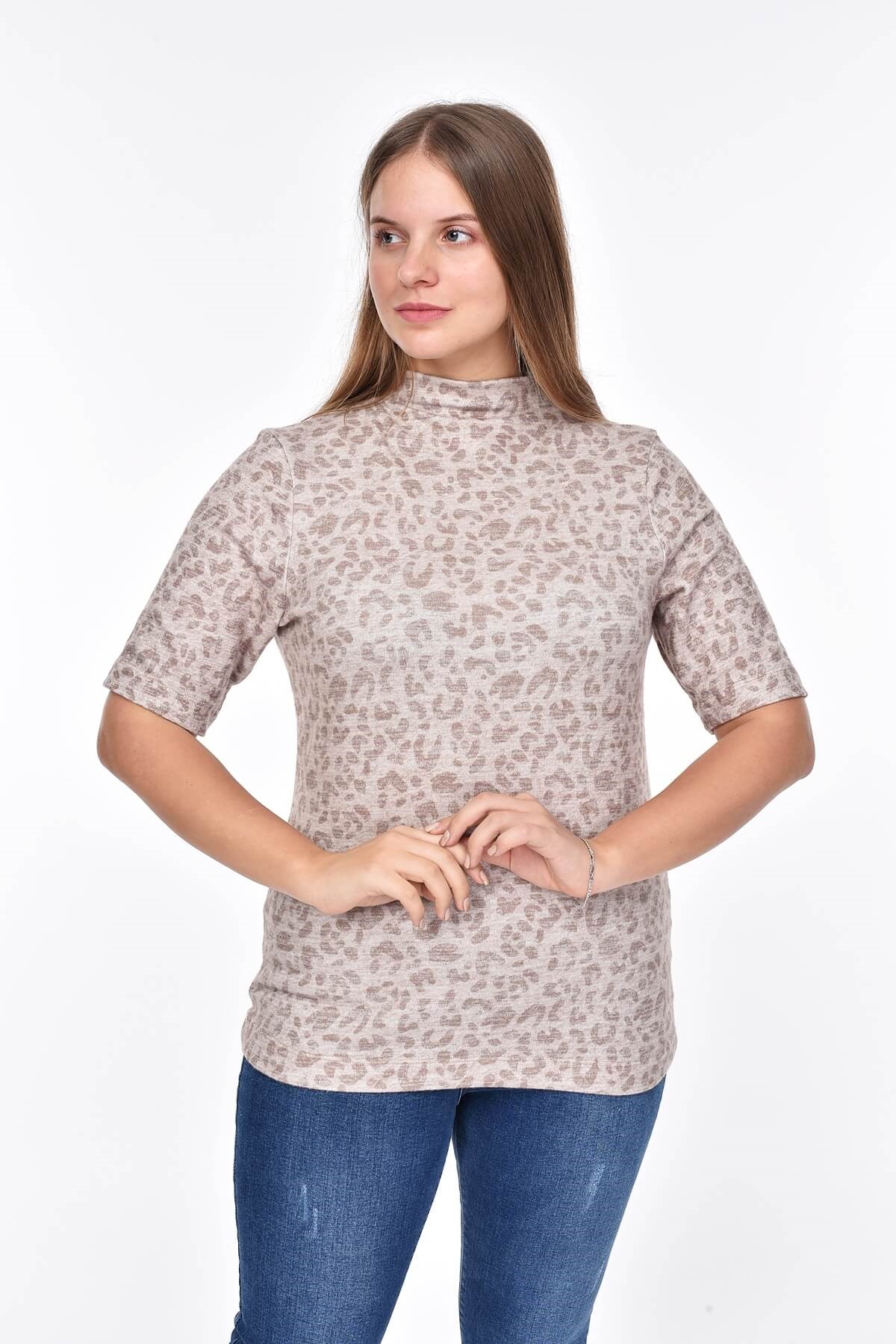 Krem leopar desen yumoş bluz