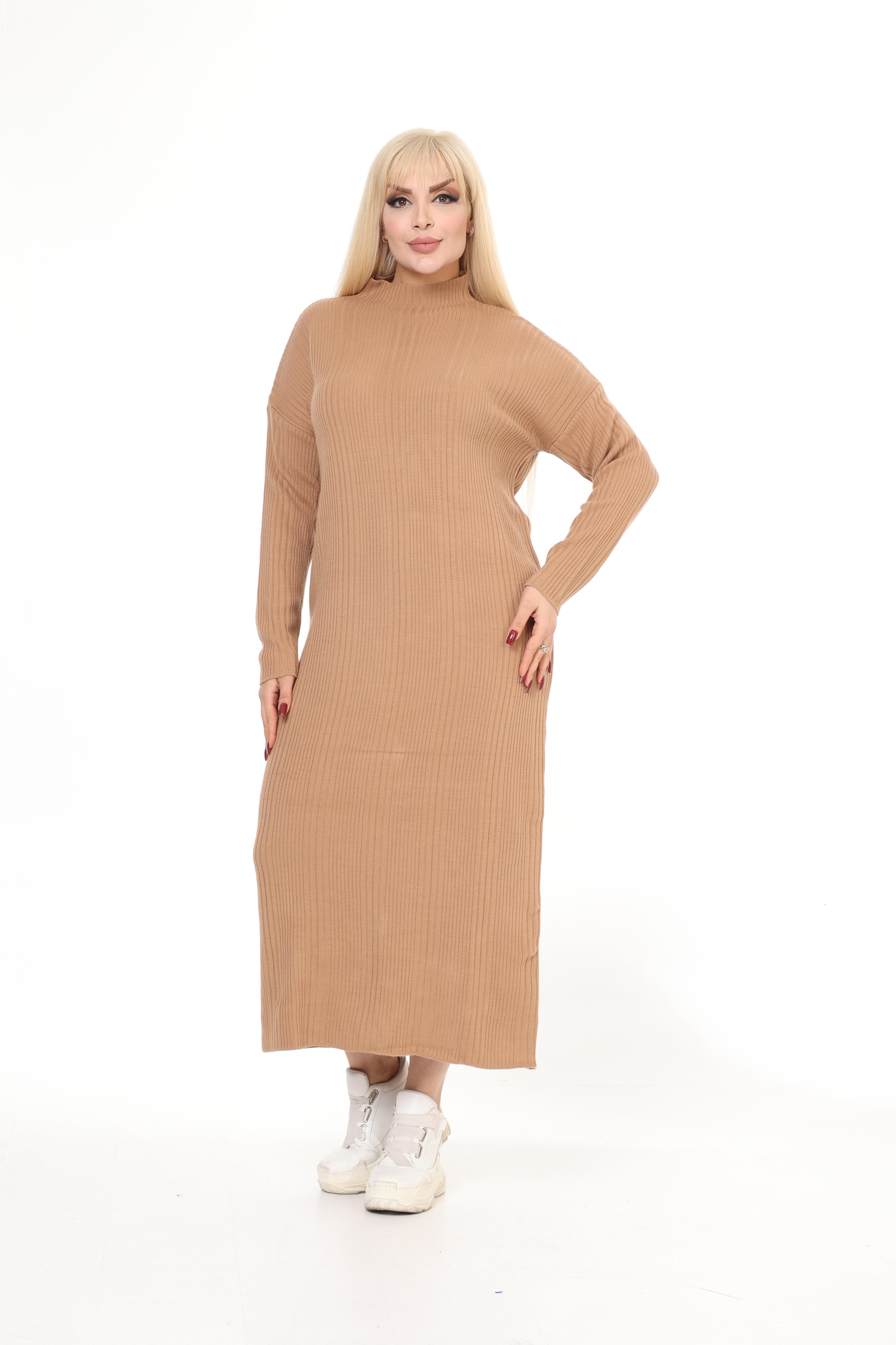 Krem Yarım Balıkçı Yaka Triko Örme Elbise