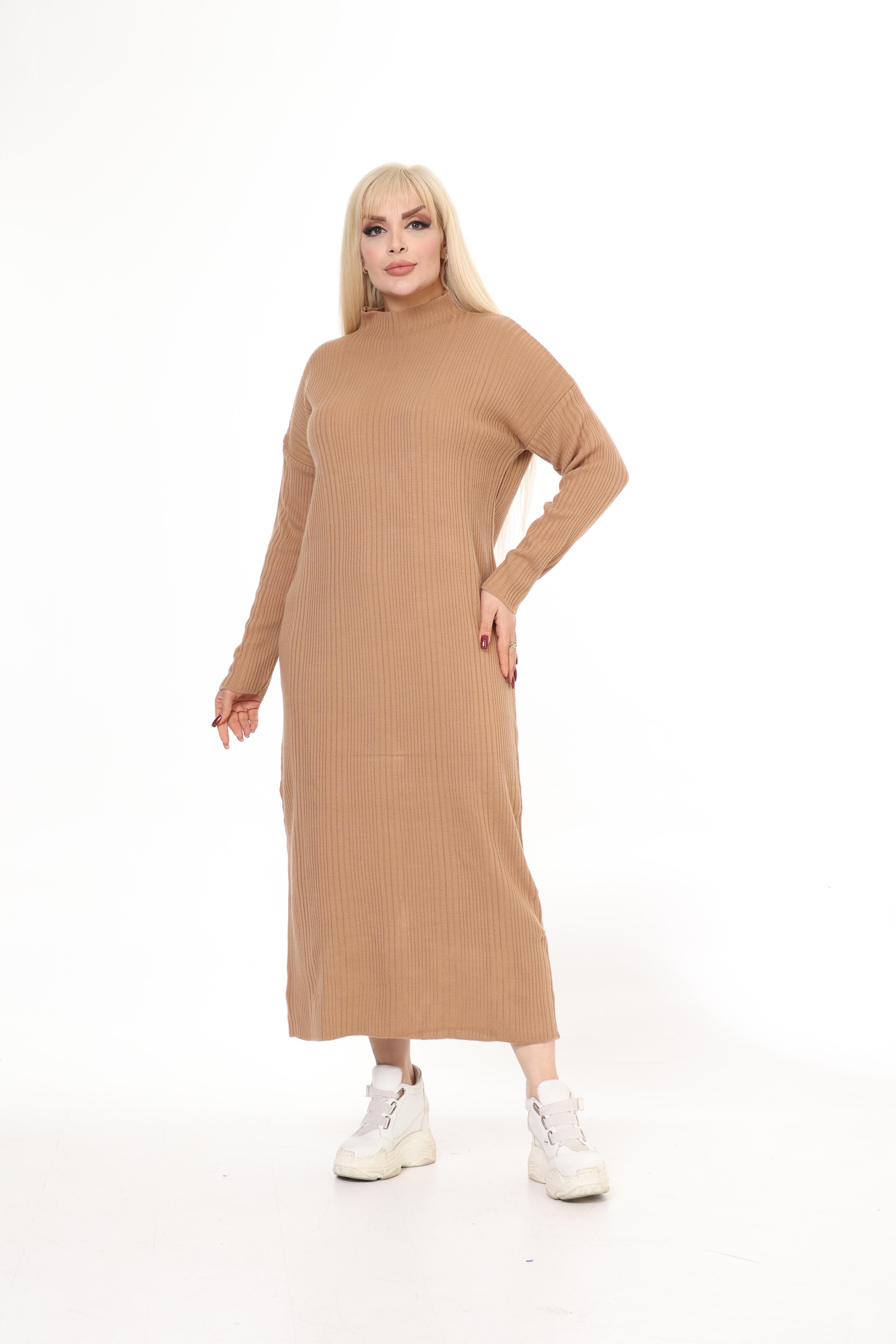 Krem Yarım Balıkçı Yaka Triko Örme Elbise