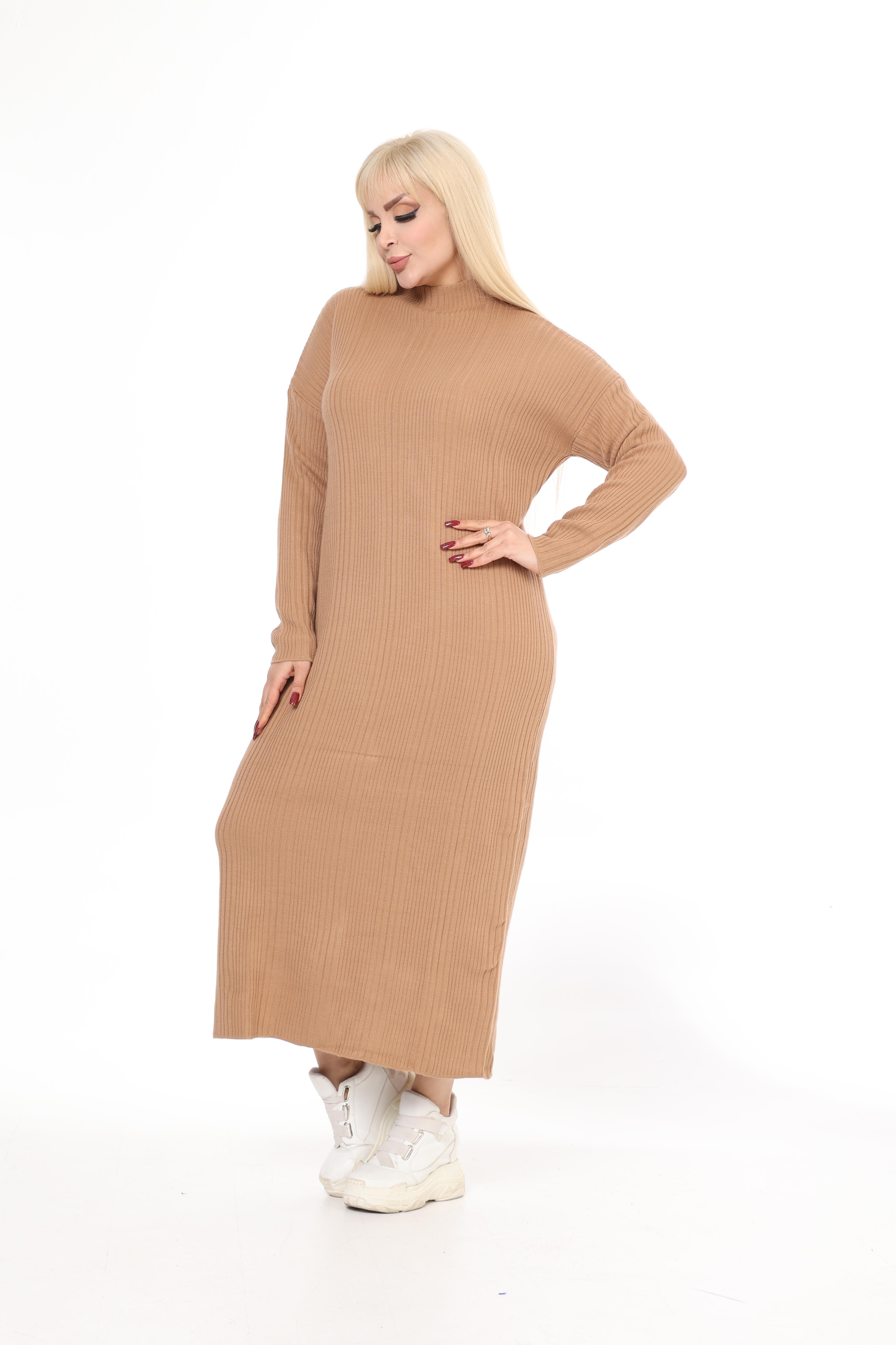 Krem Yarım Balıkçı Yaka Triko Örme Elbise