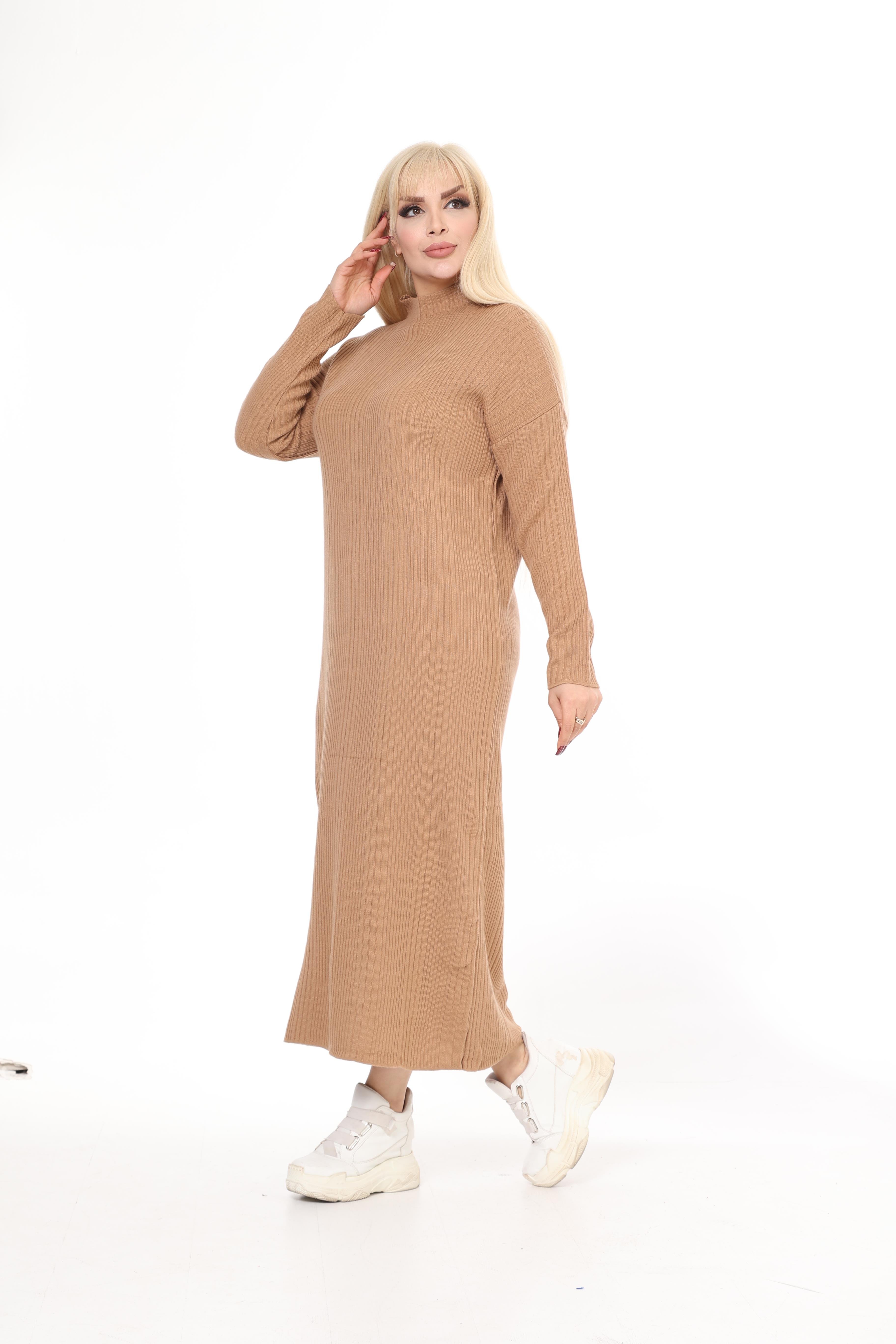 Krem Yarım Balıkçı Yaka Triko Örme Elbise