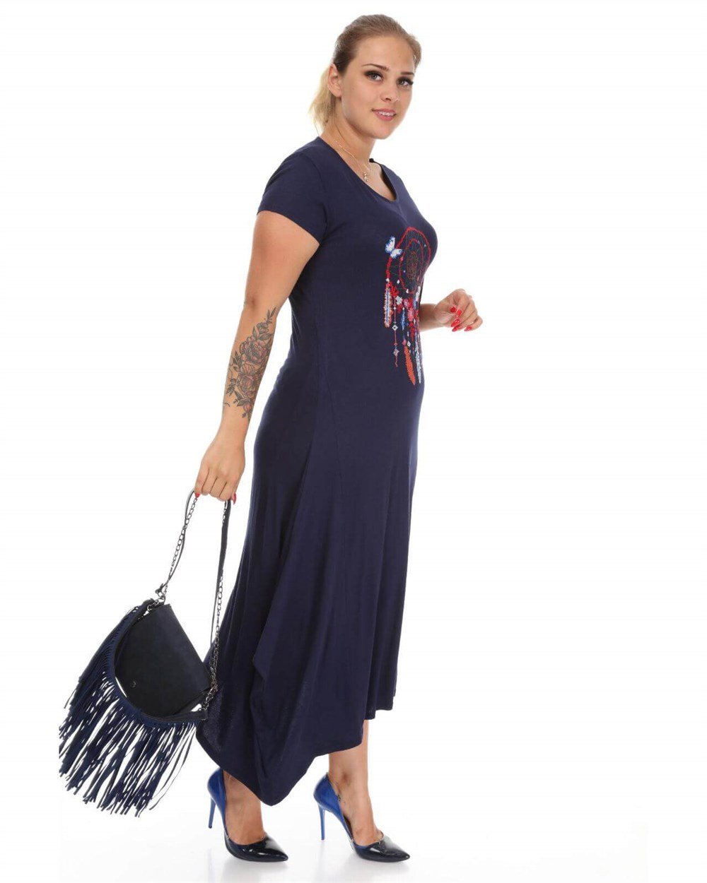 Lacivert etnik desen detaylı viskon büyük beden elbise