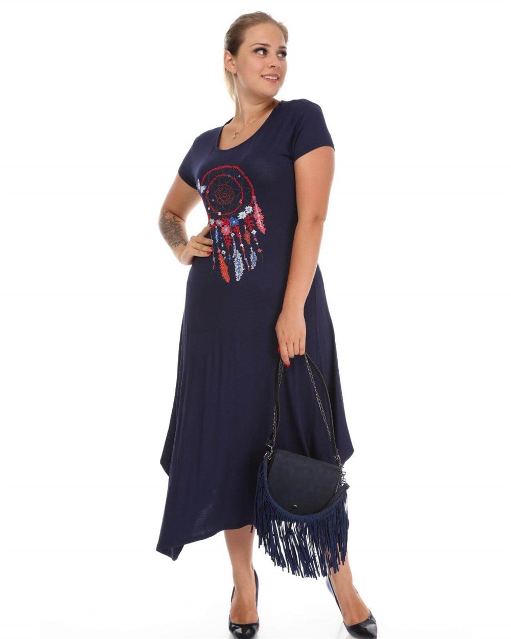 Lacivert etnik desen detaylı viskon büyük beden elbise