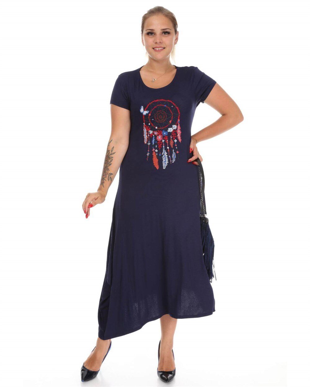 Lacivert etnik desen detaylı viskon büyük beden elbise