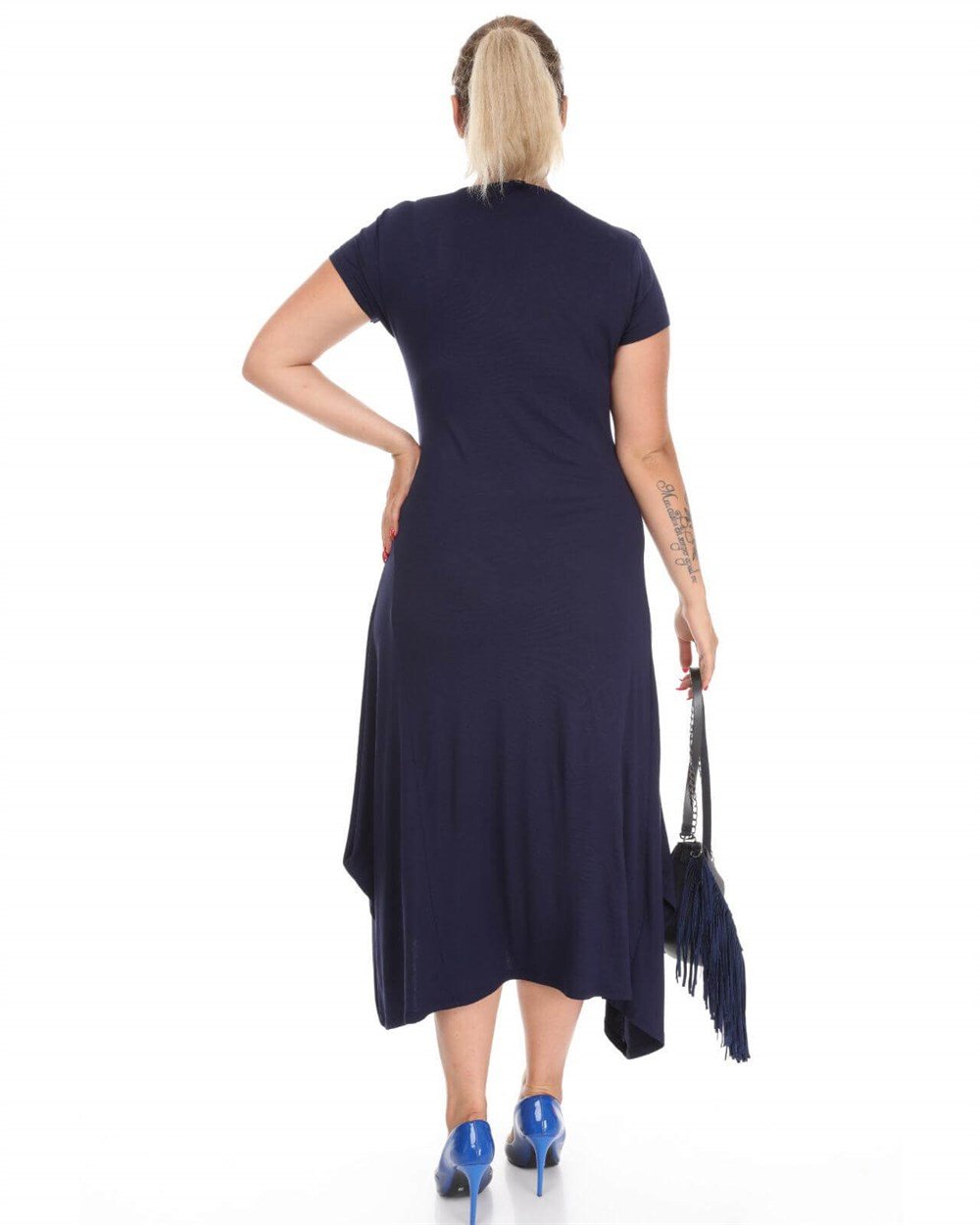 Lacivert etnik desen detaylı viskon büyük beden elbise