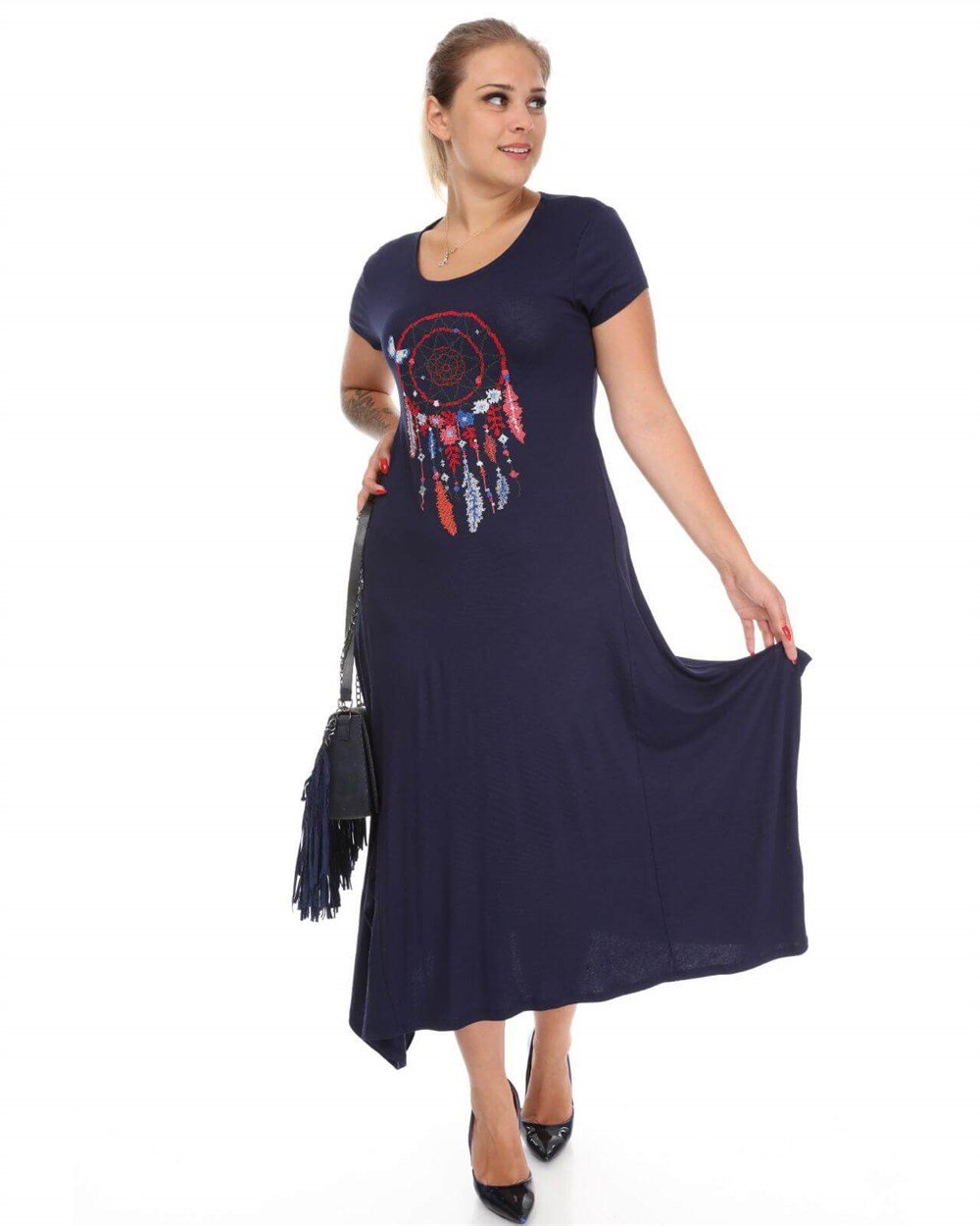 Lacivert etnik desen detaylı viskon büyük beden elbise