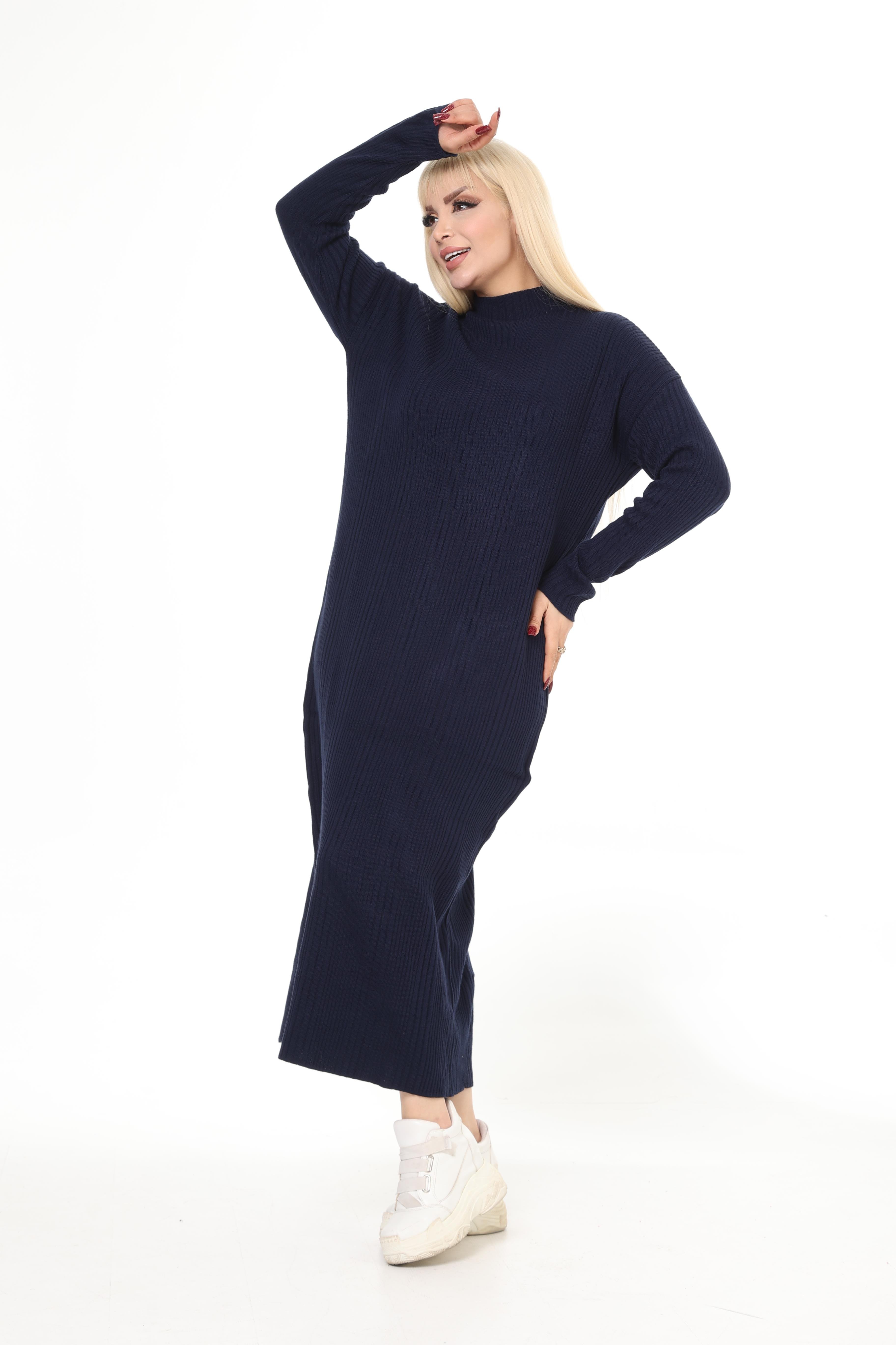 Lacivert Yarım Balıkçı Yaka Triko Örme Elbise