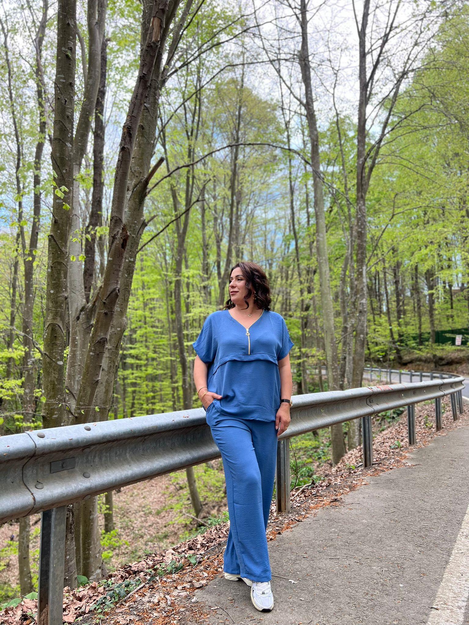 Mavi Aerobin Pantolon & Bluz Büyük Beden Takım