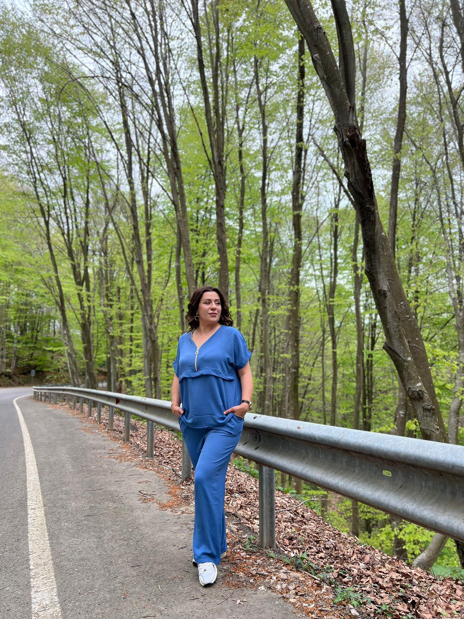 Mavi Aerobin Pantolon & Bluz Büyük Beden Takım