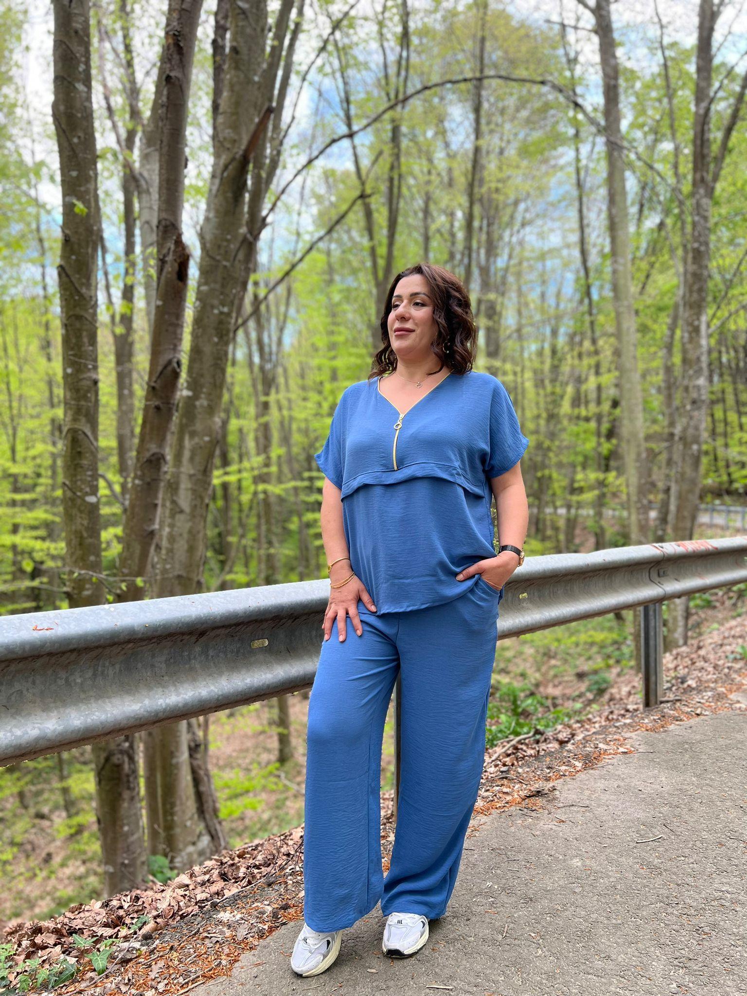 Mavi Aerobin Pantolon & Bluz Büyük Beden Takım