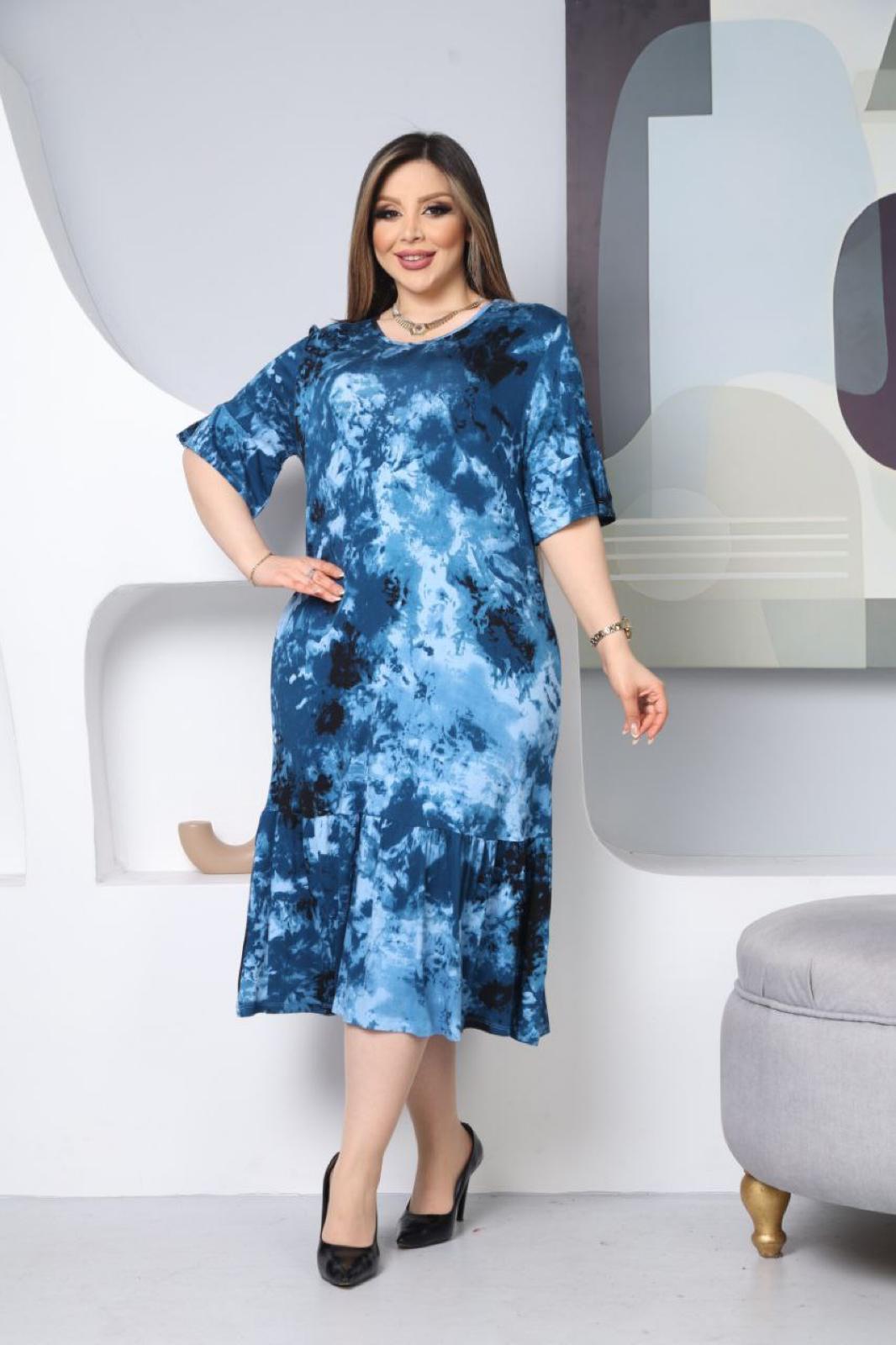 Mavi Batik Desen Örme Viskon Elbise