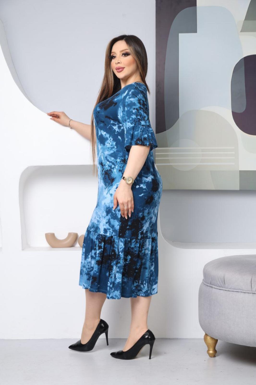 Mavi Batik Desen Örme Viskon Elbise