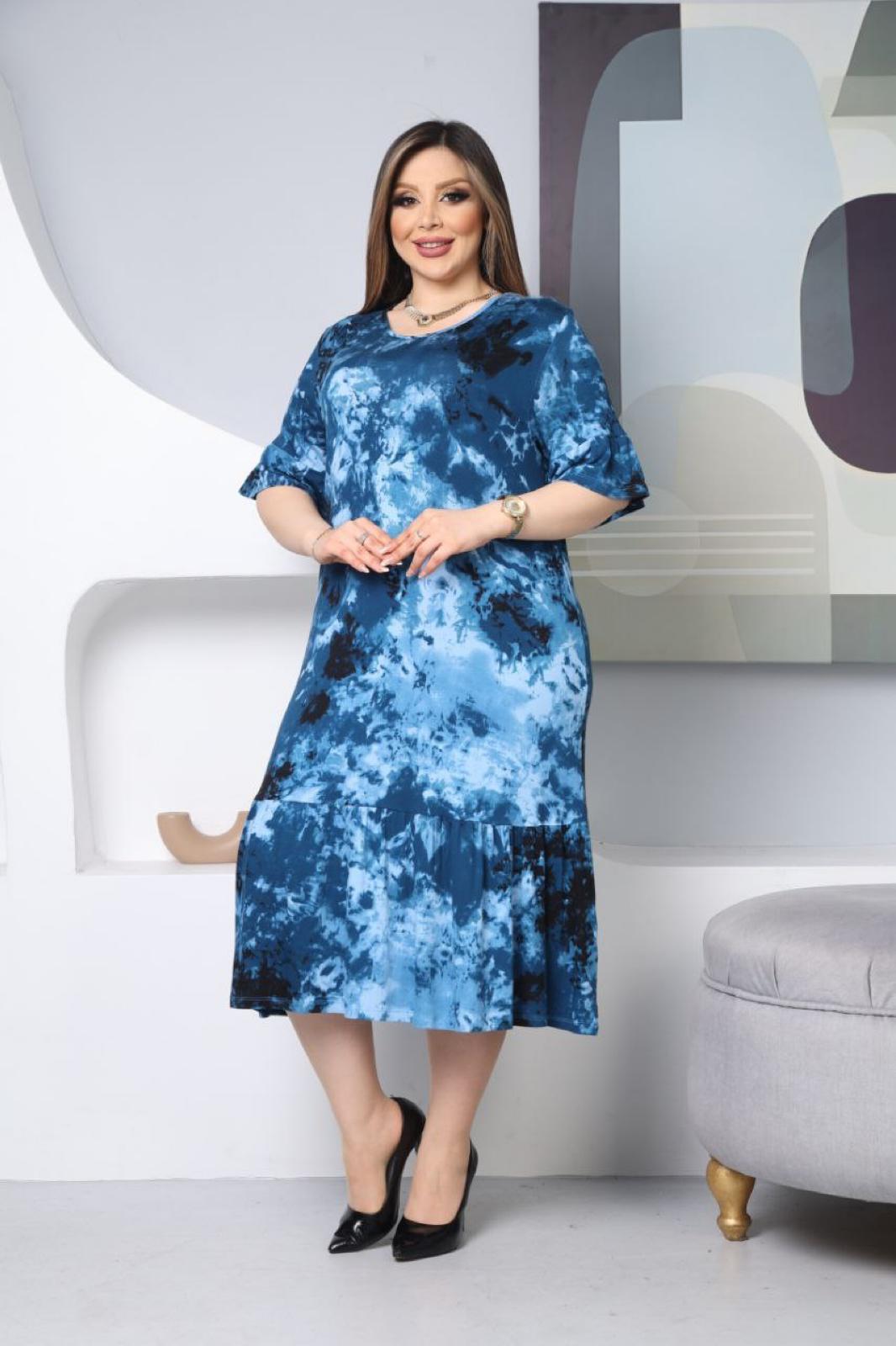 Mavi Batik Desen Örme Viskon Elbise