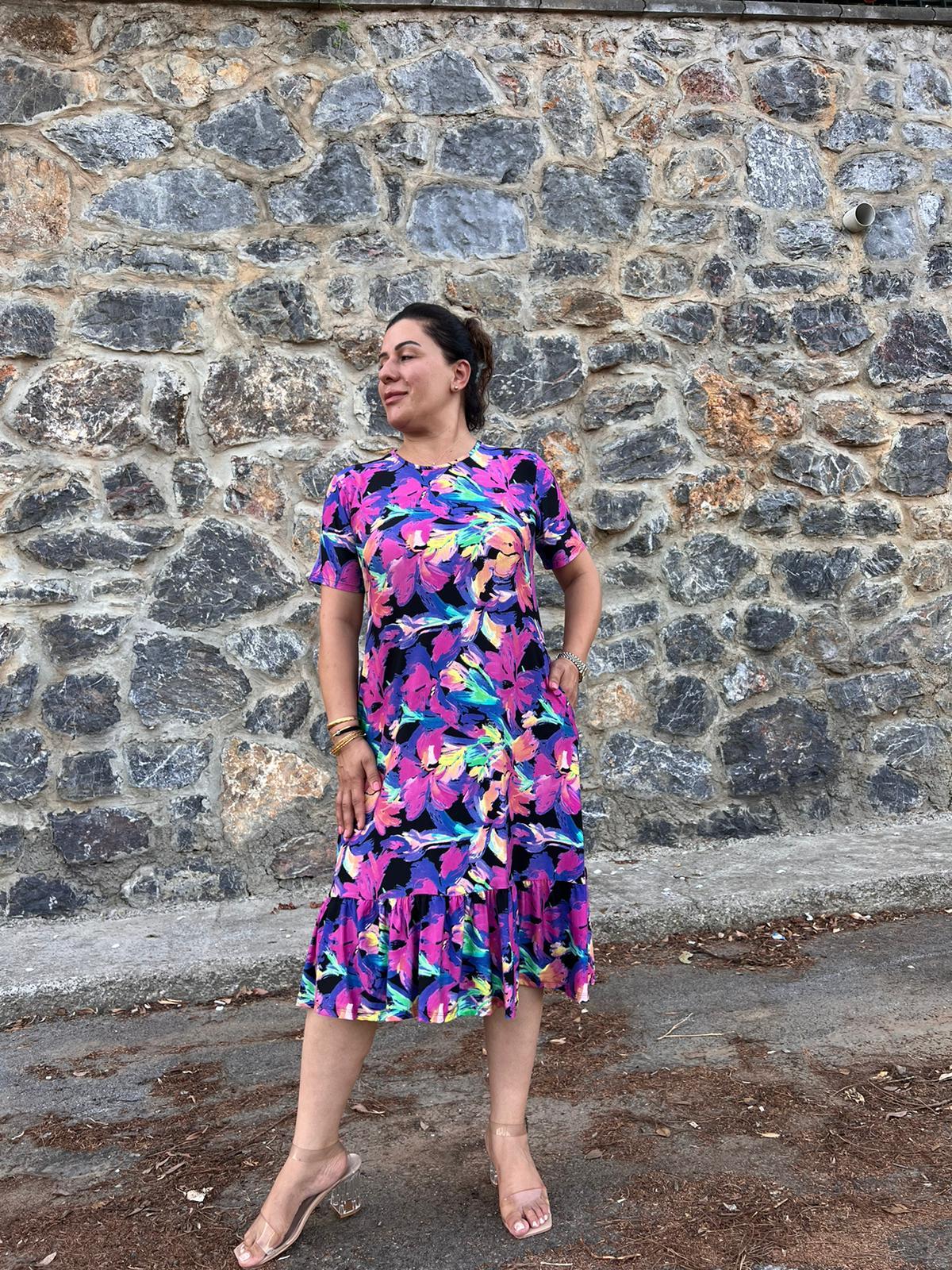 Mavi Desenli Eteği Fırfırlı Cepli Büyük Beden Elbise