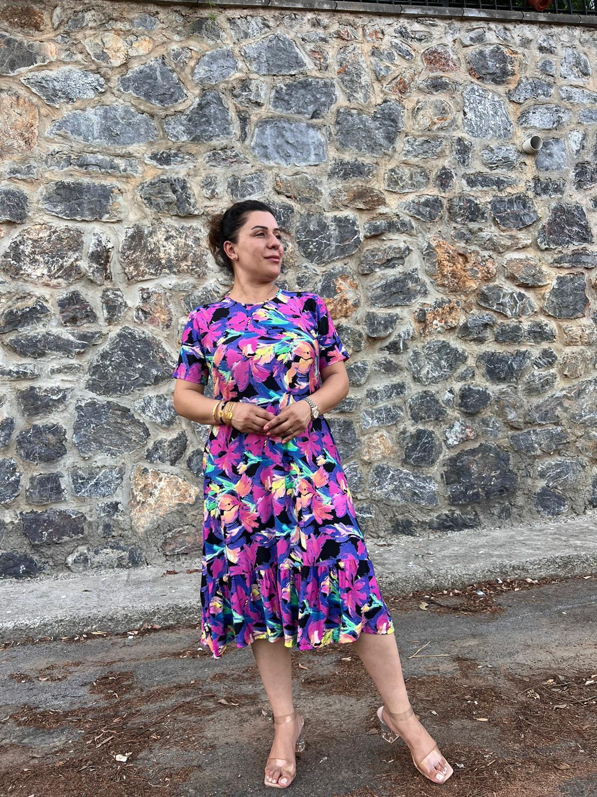 Mavi Desenli Eteği Fırfırlı Cepli Büyük Beden Elbise