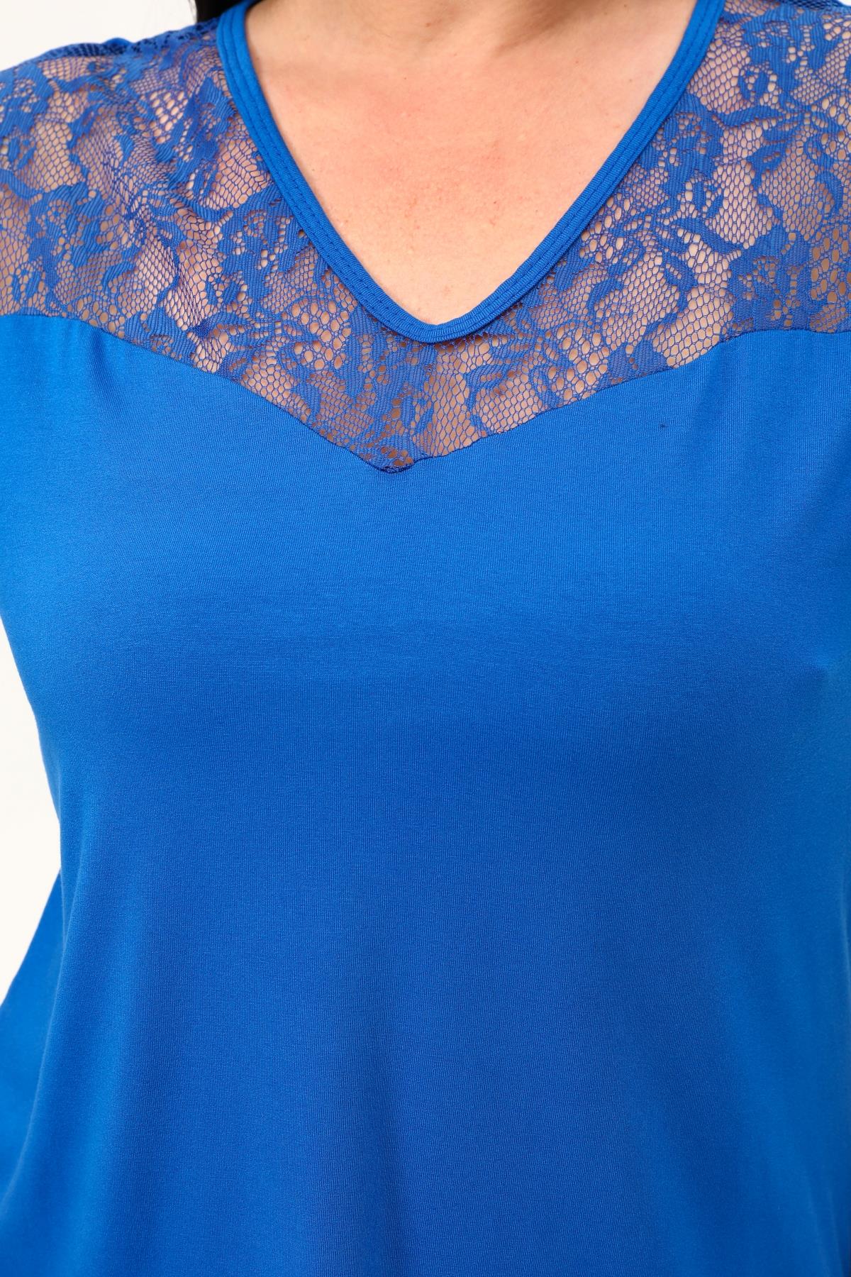 Mavi Kalp Yaka Büyükbeden Dantel Bluz