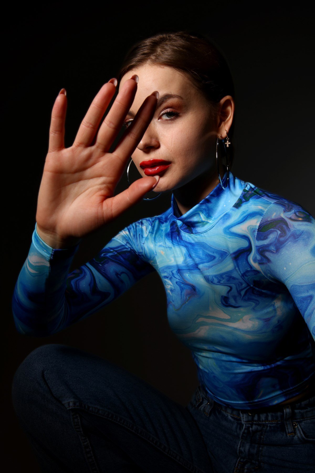 Mavi Neon Baskılı Crop Bluz 