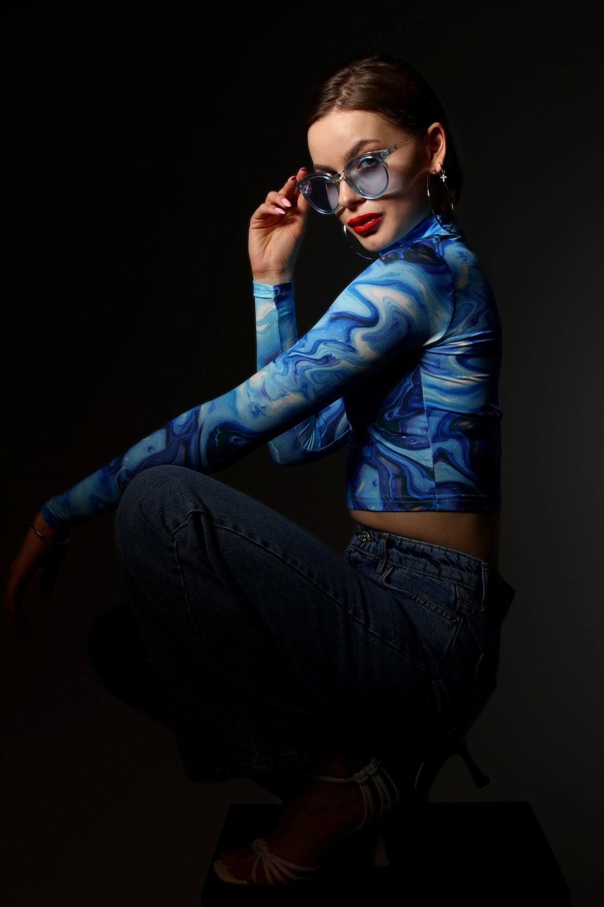 Mavi Neon Baskılı Crop Bluz 