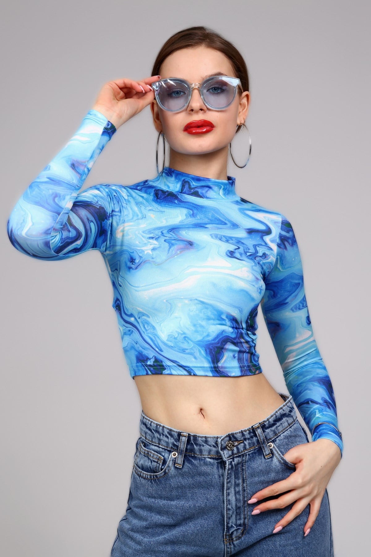 Mavi Neon Baskılı Crop Bluz 