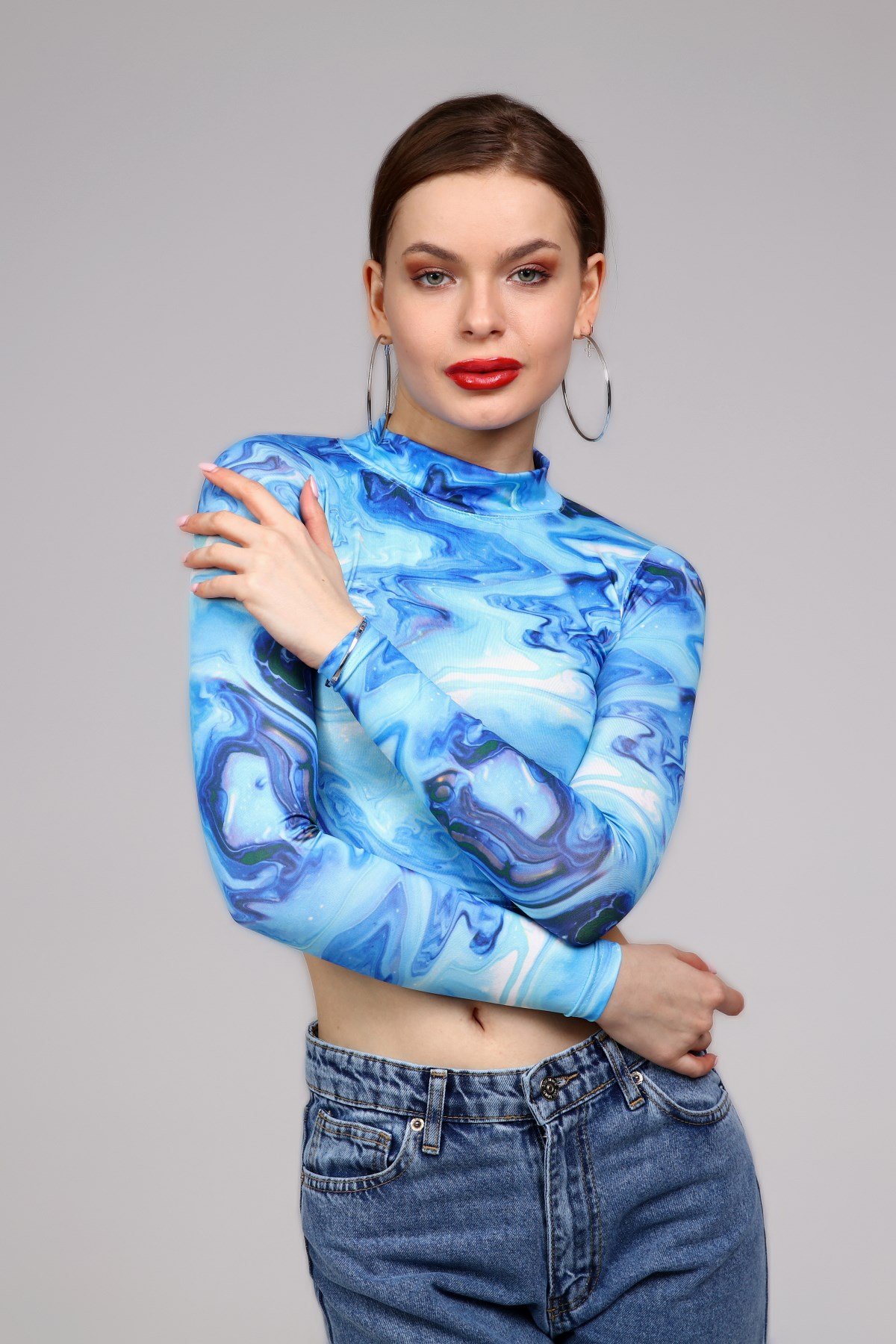 Mavi Neon Baskılı Crop Bluz 