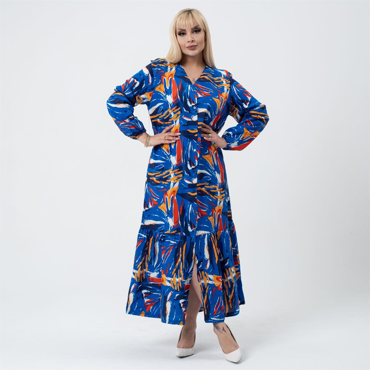 Mavi Tesettür Büyük Beden Gömlek Elbise