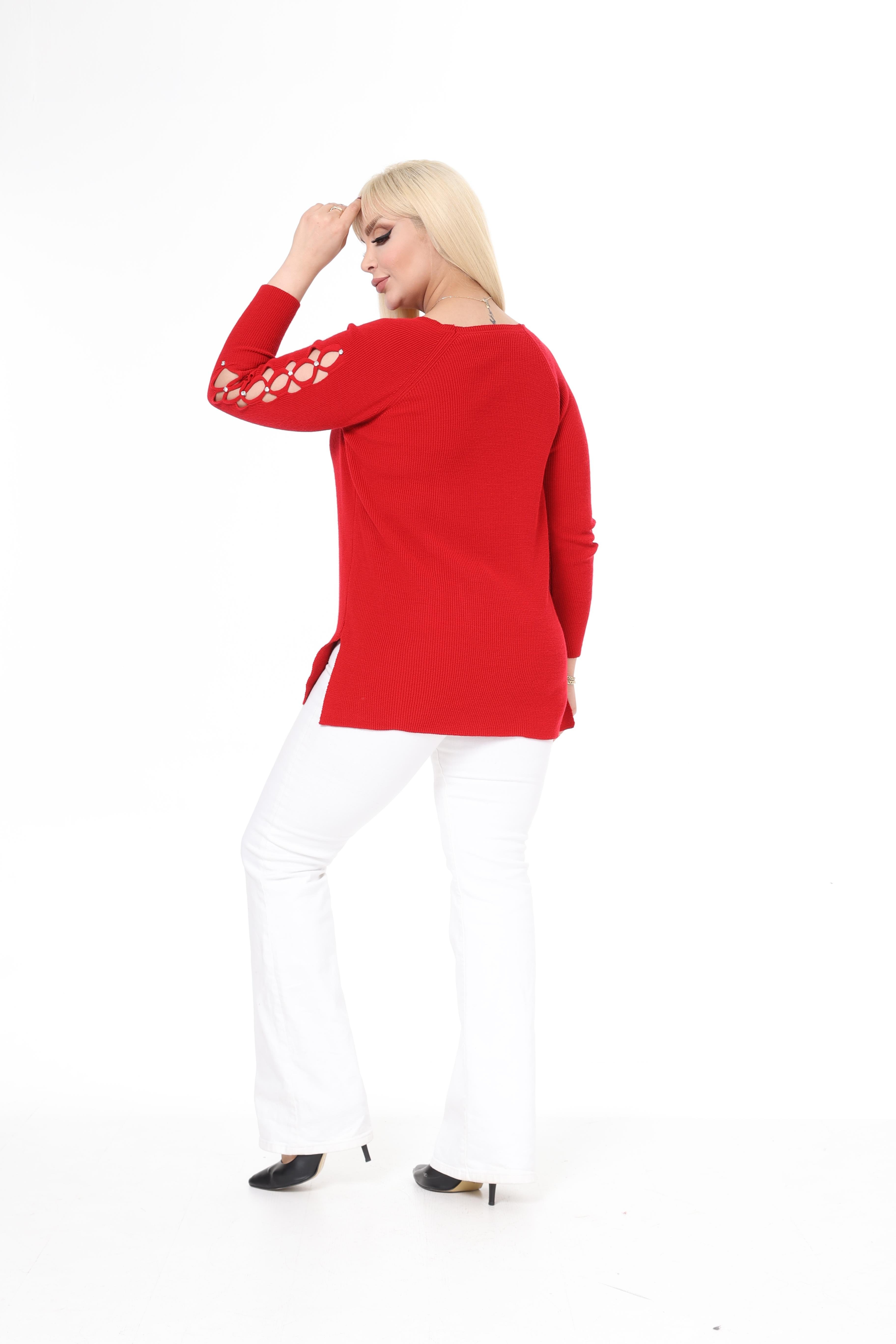 Mavi V Yaka Kol Detaylı Triko Örme Taşlı Kazak