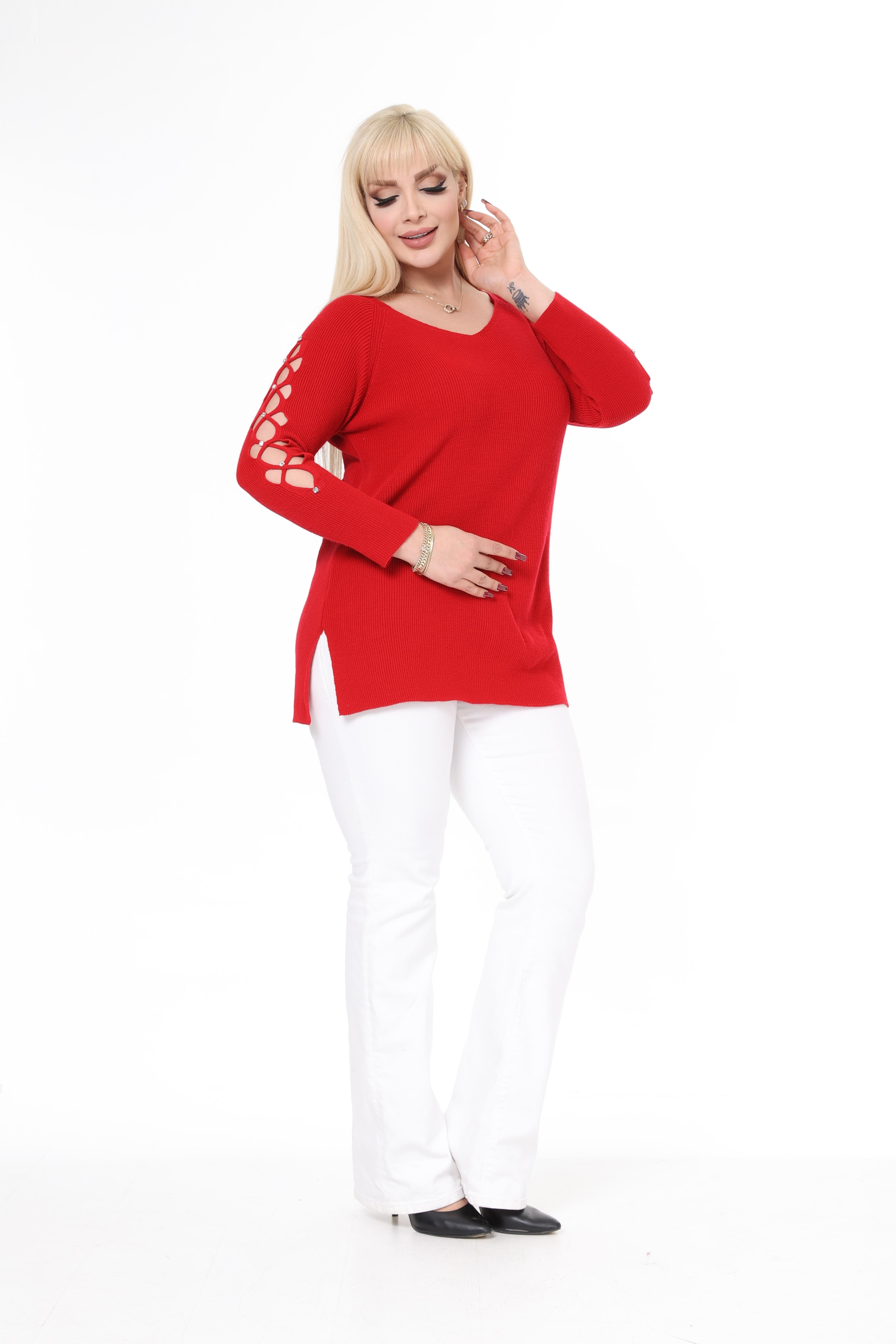 Mavi V Yaka Kol Detaylı Triko Örme Taşlı Kazak