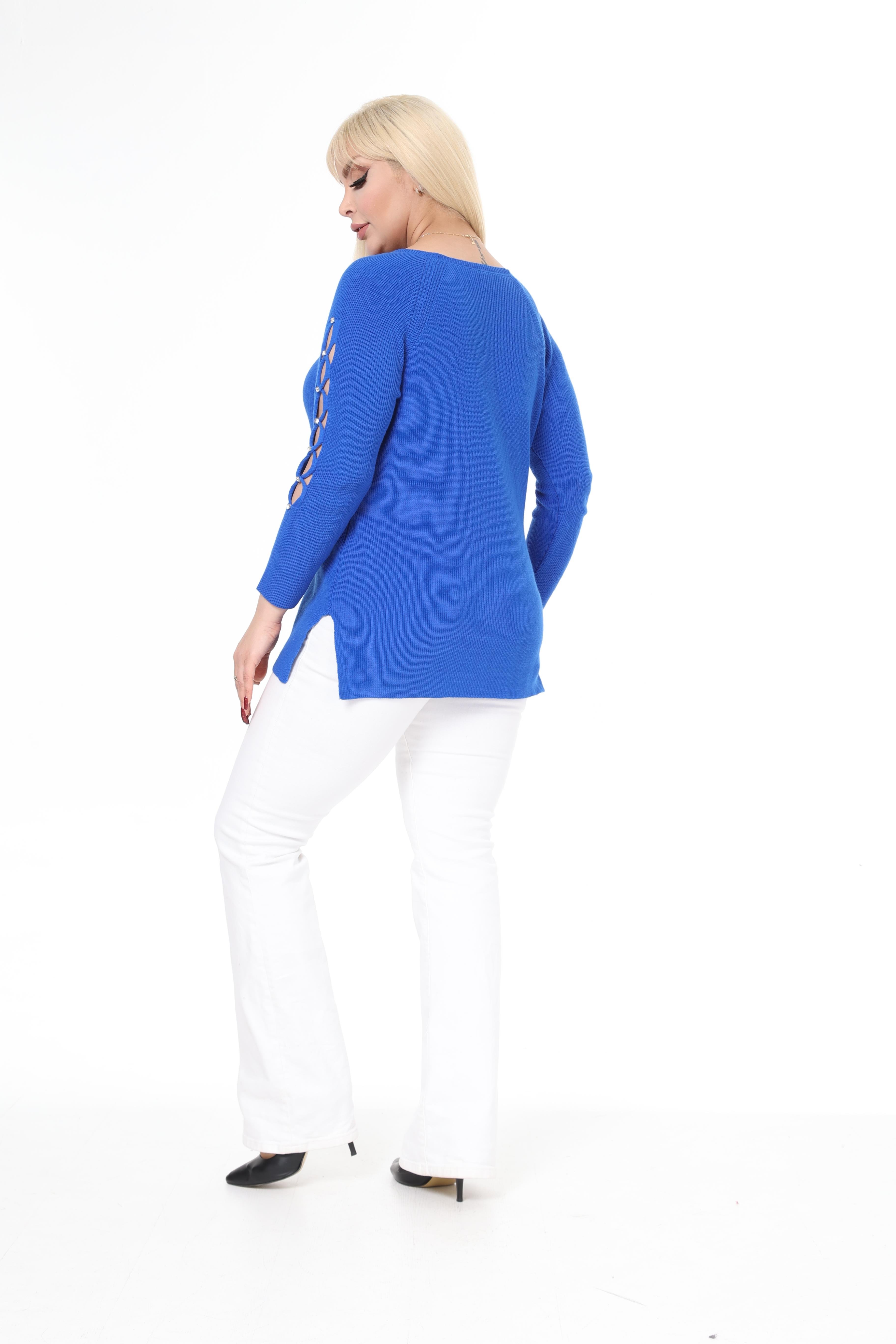 Mavi V Yaka Kol Detaylı Triko Örme Taşlı Kazak