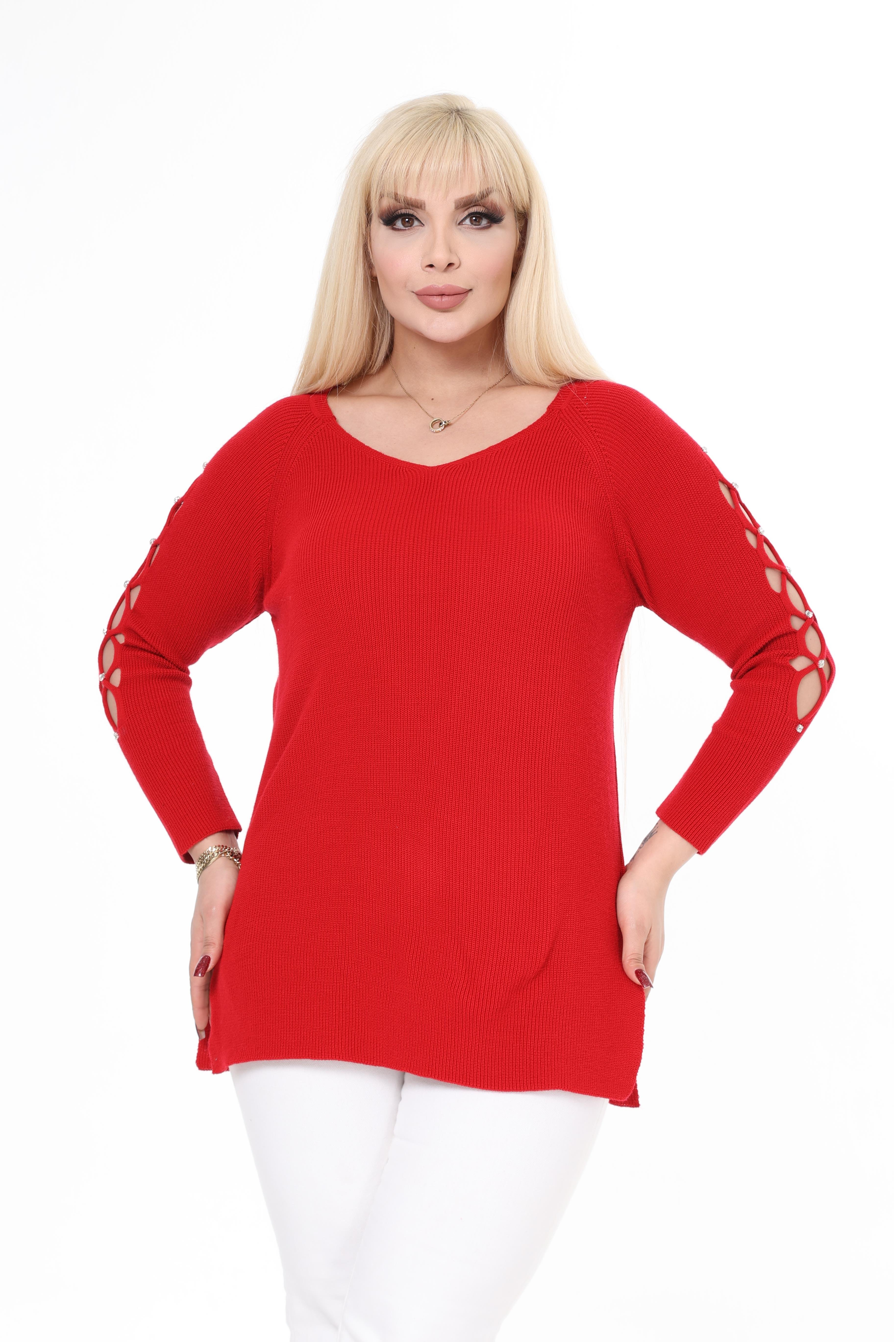 Mavi V Yaka Kol Detaylı Triko Örme Taşlı Kazak