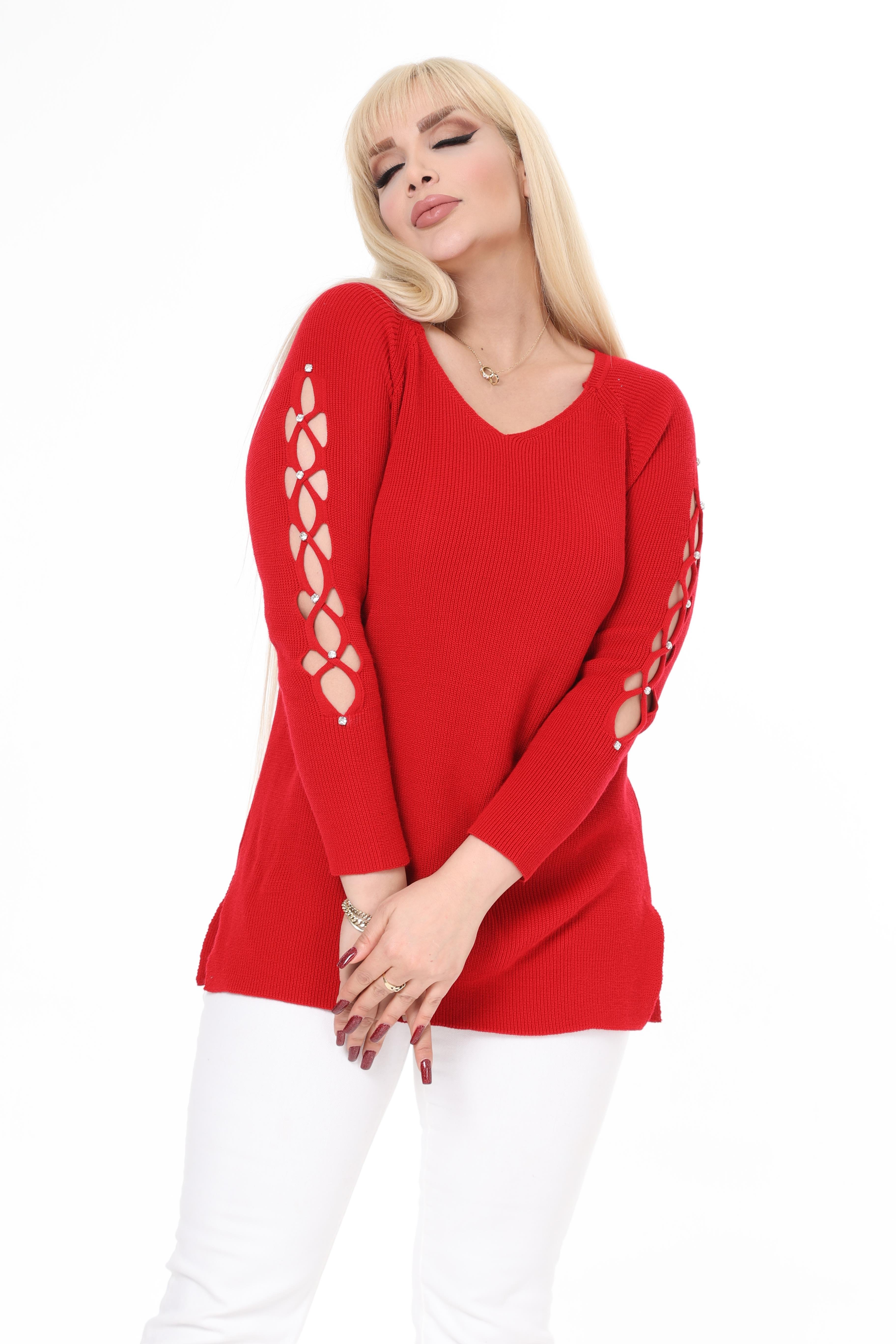 Mavi V Yaka Kol Detaylı Triko Örme Taşlı Kazak