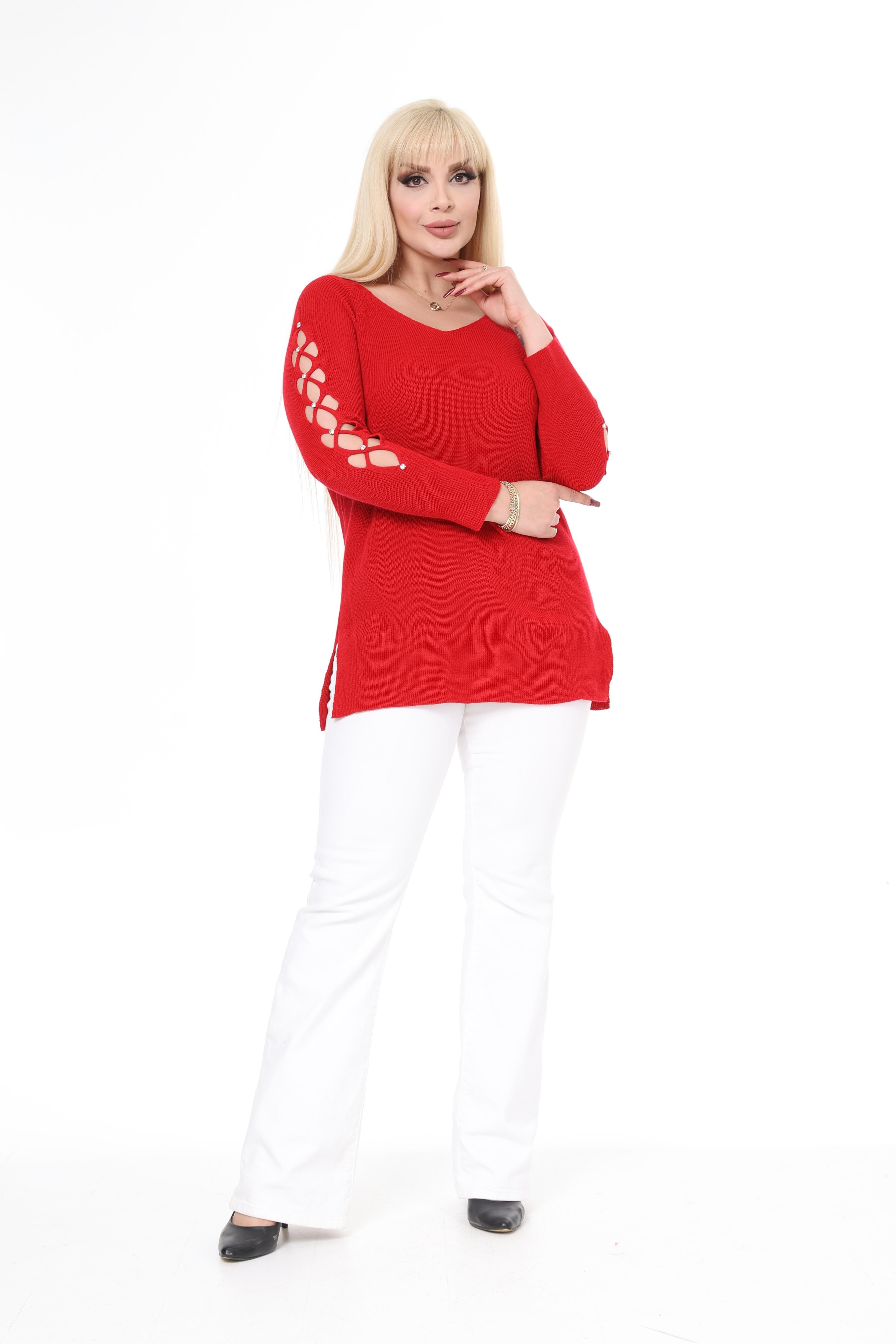 Mavi V Yaka Kol Detaylı Triko Örme Taşlı Kazak