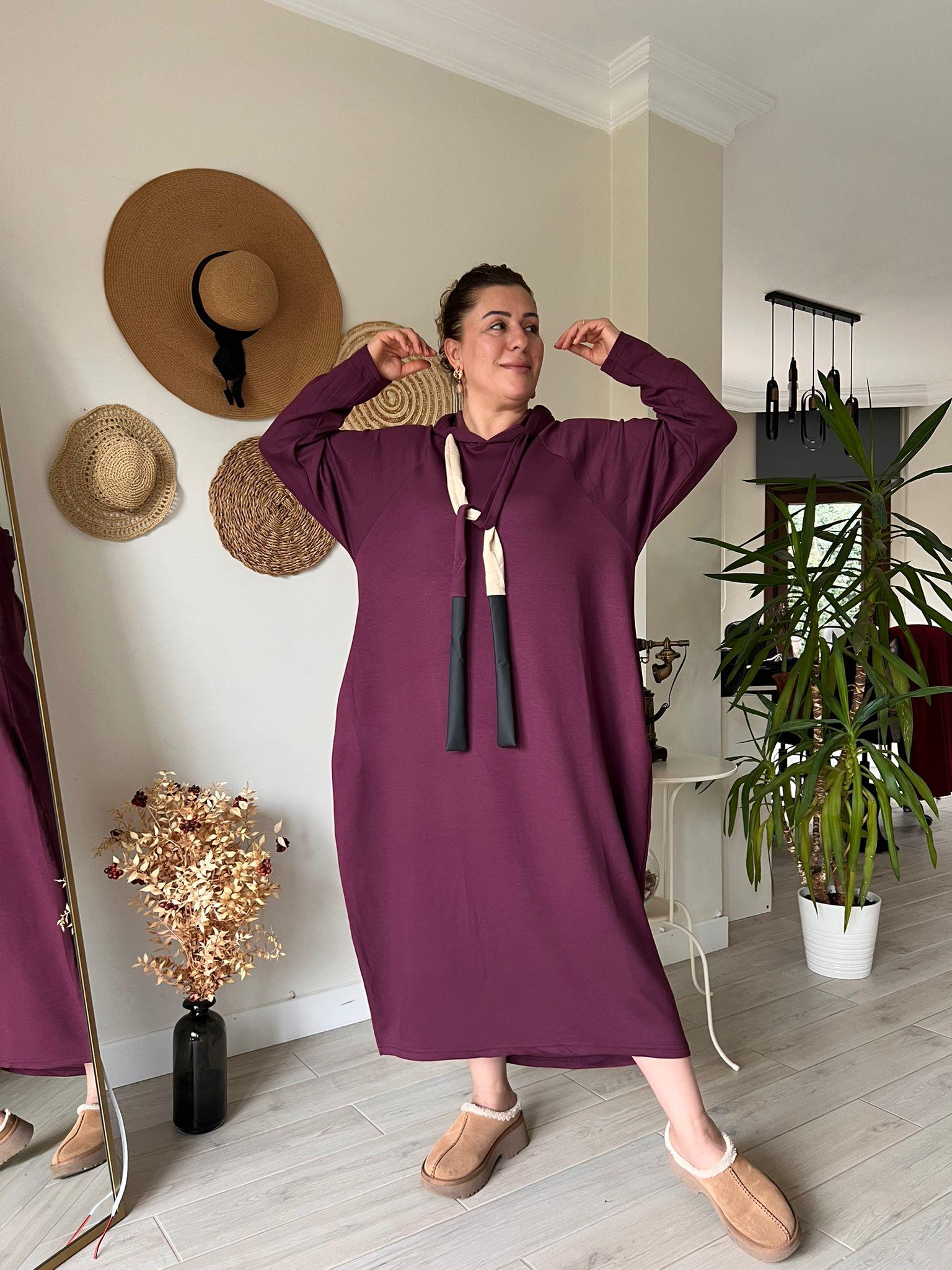 Modal Kumaş Kapşonlu Oversize Elbise | Mjora Butik