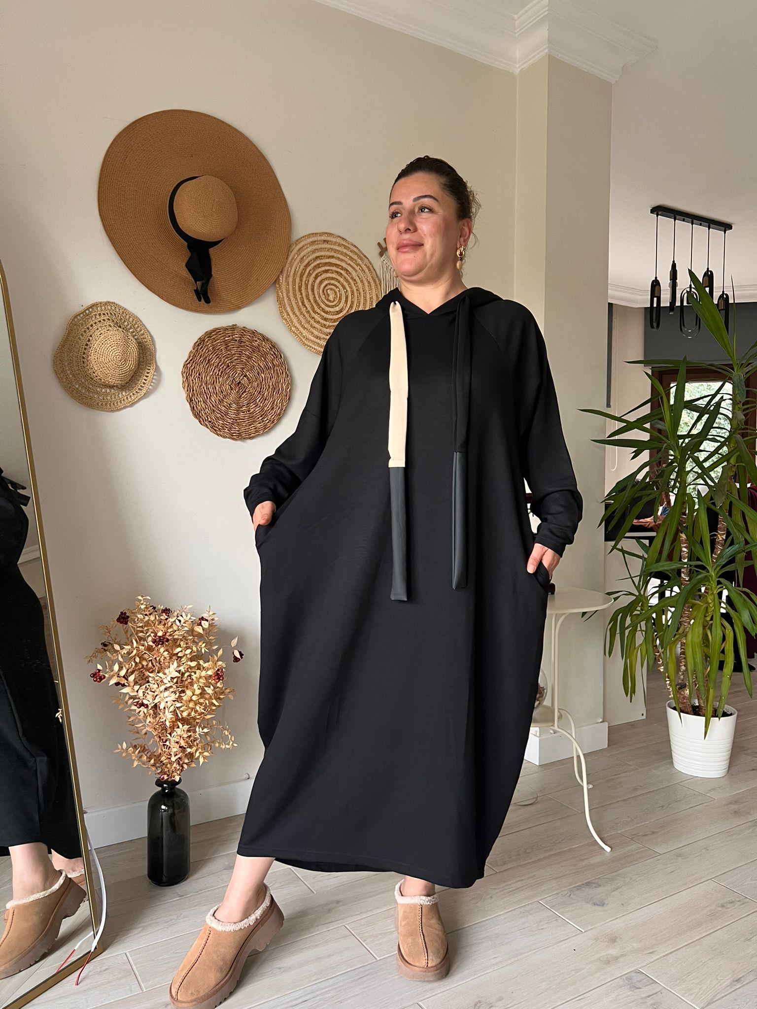 Modal Kumaş Kapşonlu Oversize Elbise | Mjora Butik
