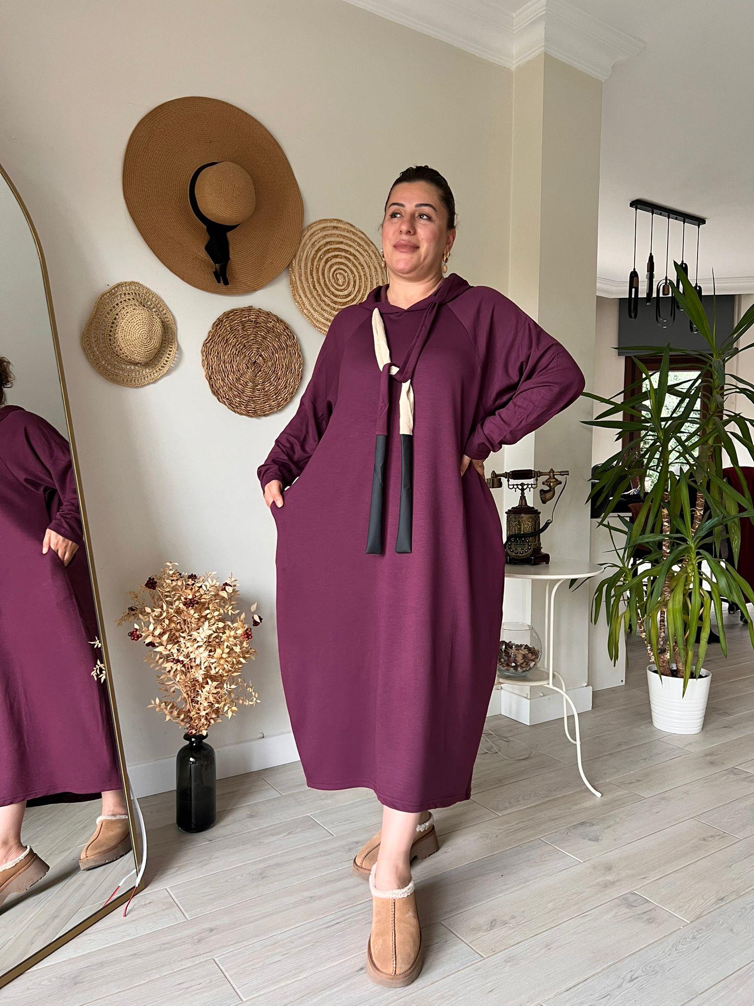 Modal Kumaş Kapşonlu Oversize Elbise | Mjora Butik