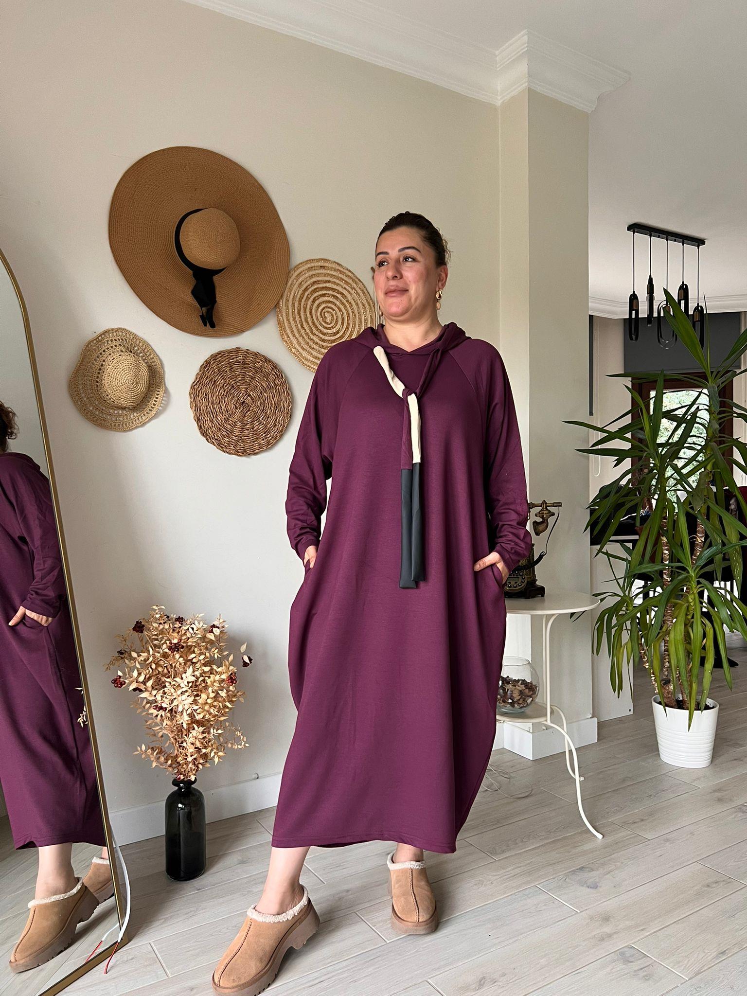 Modal Kumaş Kapşonlu Oversize Elbise | Mjora Butik