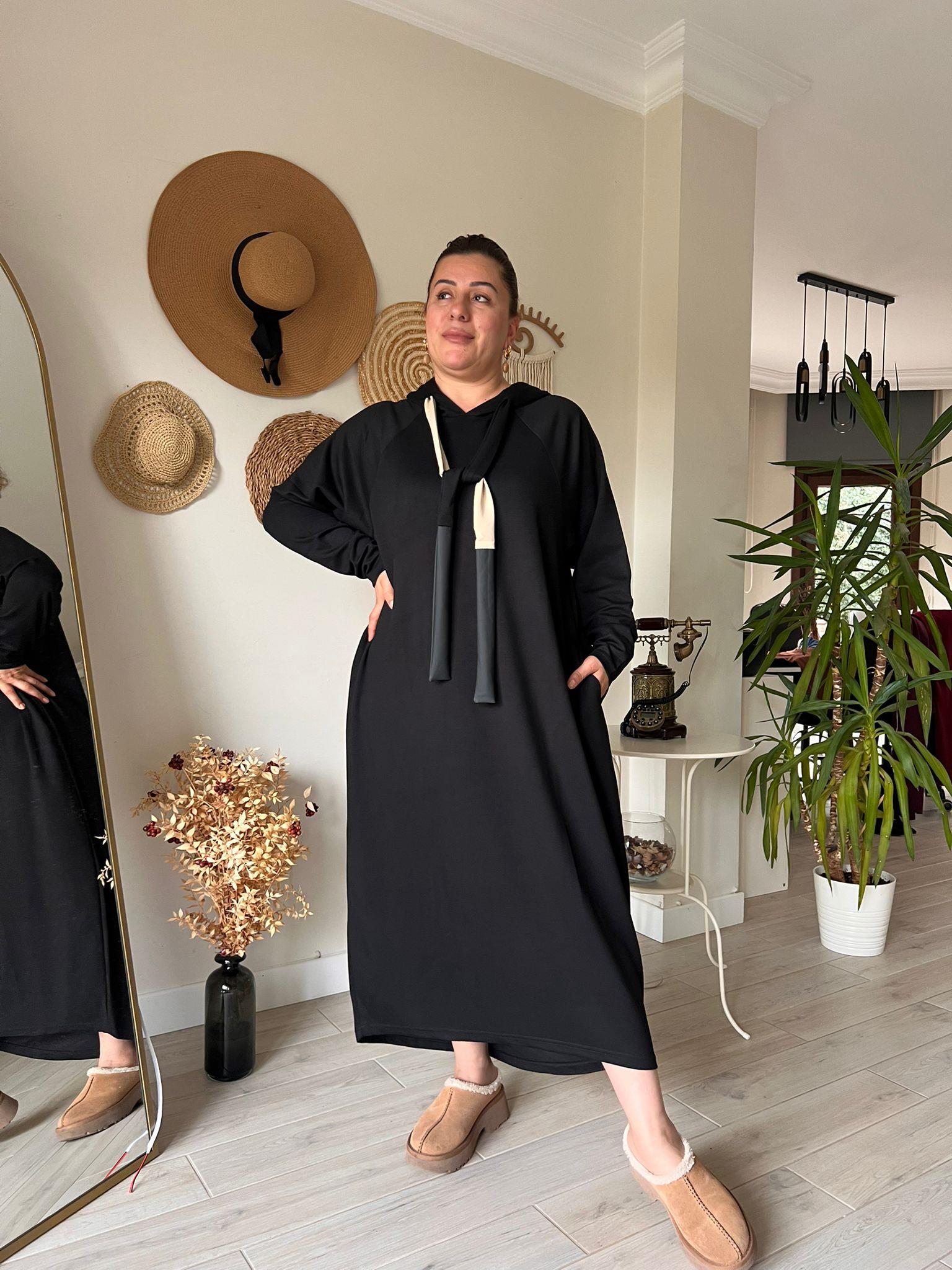 Modal Kumaş Kapşonlu Oversize Elbise | Mjora Butik