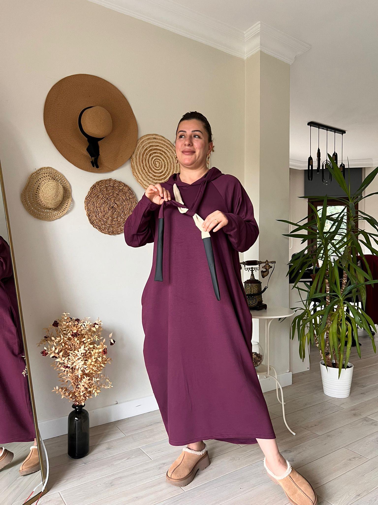 Modal Kumaş Kapşonlu Oversize Elbise | Mjora Butik